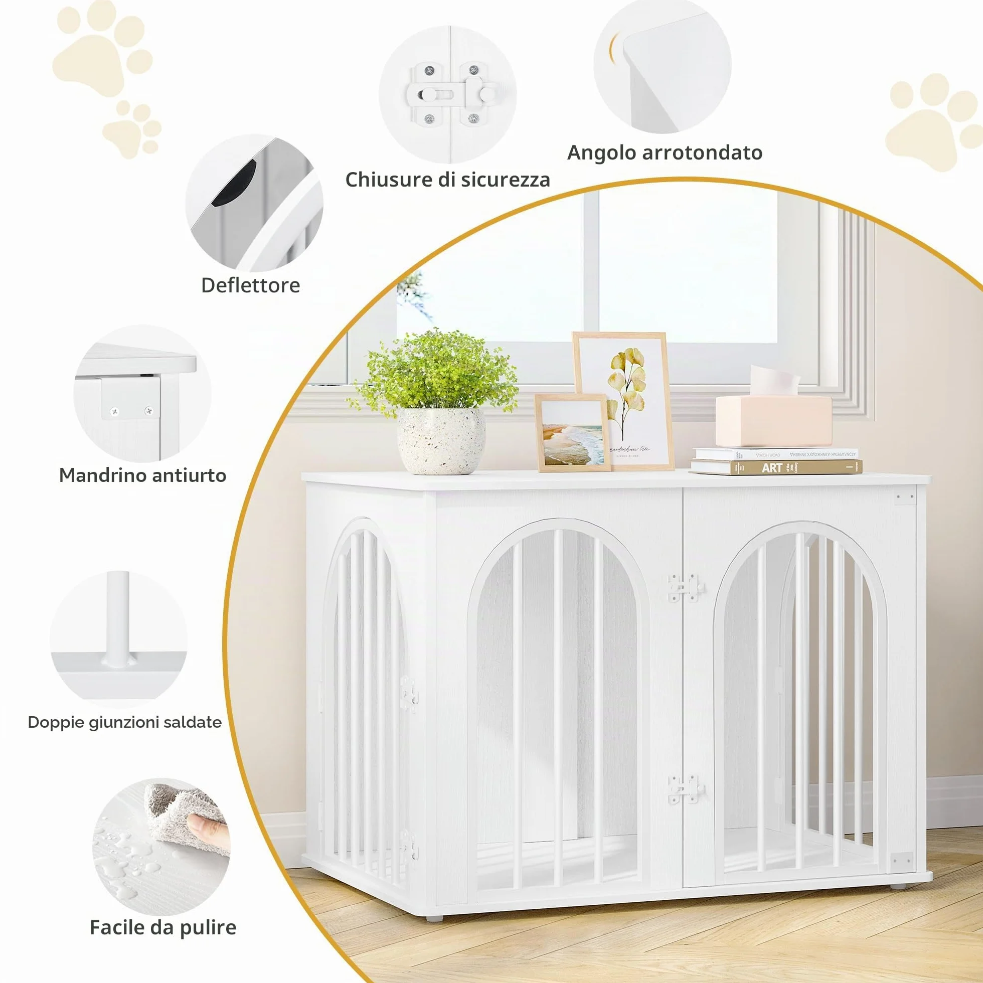 Hzuaneri 80 cm Gabbia per Cani, Tavolo Supplemento, Cuccia Moderna per Cani Interno, Gabbia per Cuccioli, Casetta per Animali, 3 Porte, Porta ad Arco, 56 x 80 x 61 cm, Bianco DFC85113W