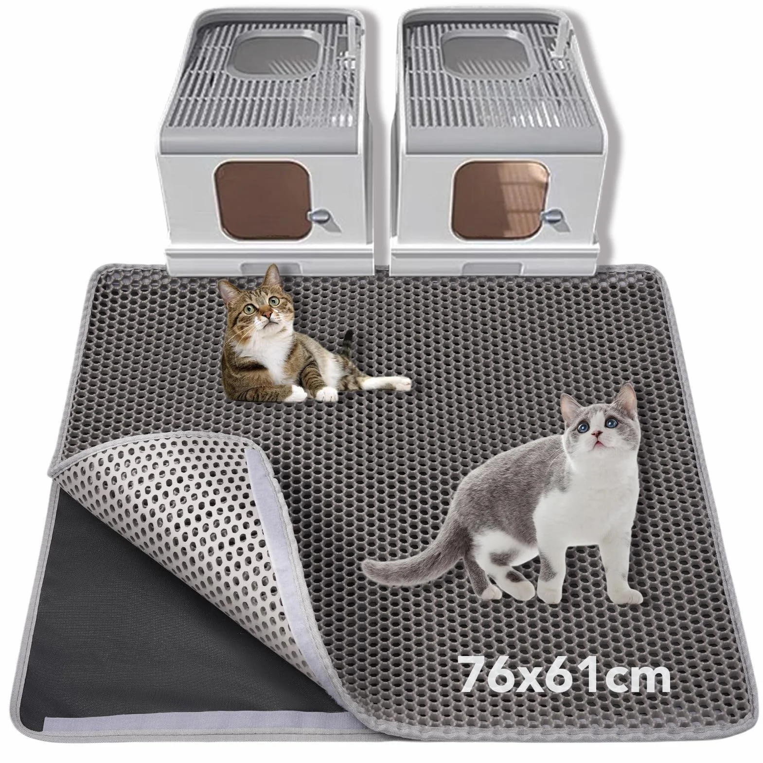 Tappetino per Lettiera Gatti, Design a Nido d'Ape, Impermeabile, Doppio Strato (Grigio, 76x61cm)