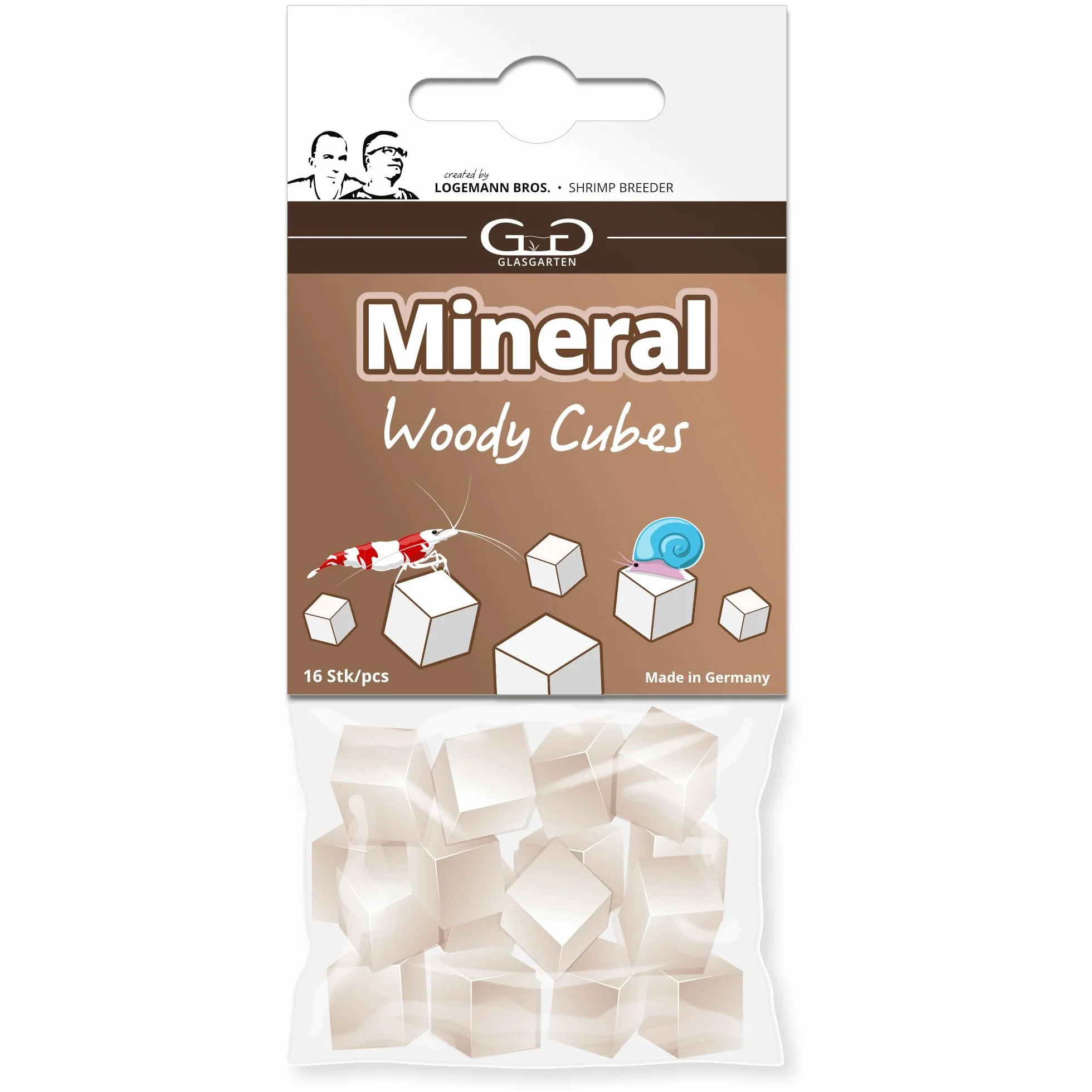 GlasGarten Mineral Woody Cubes | 16 pezzi – Mangime complementare/minerale per gamberetti decorativi, lumache e gamberi con minerali e fibre di legno