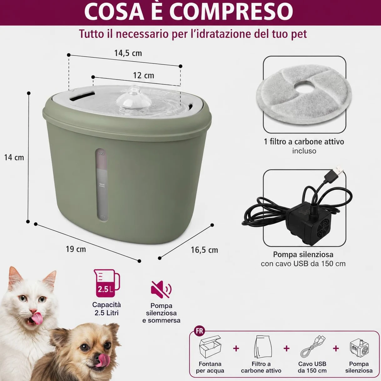 Fontana per Gatti e Cani 2,5 L con Filtro a Carbone Attivo Verde | Indicatore Livello Acqua, Funzionamento Silenzioso, 3 Filtri di Ricambio, Luce Indicatore, Dispenser Automatico