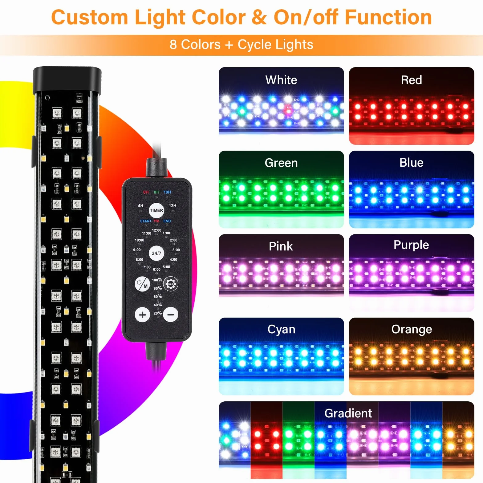 hygger Luce LED Sommergibile per Acquario, 14W 38cm Modalità 24/7 per Serbatoio Pesci con 5 File di Perline, con Timer 9 Colori e Luminosità Regolabile, Luce a Spettro Completo IP68 Impermeabile per