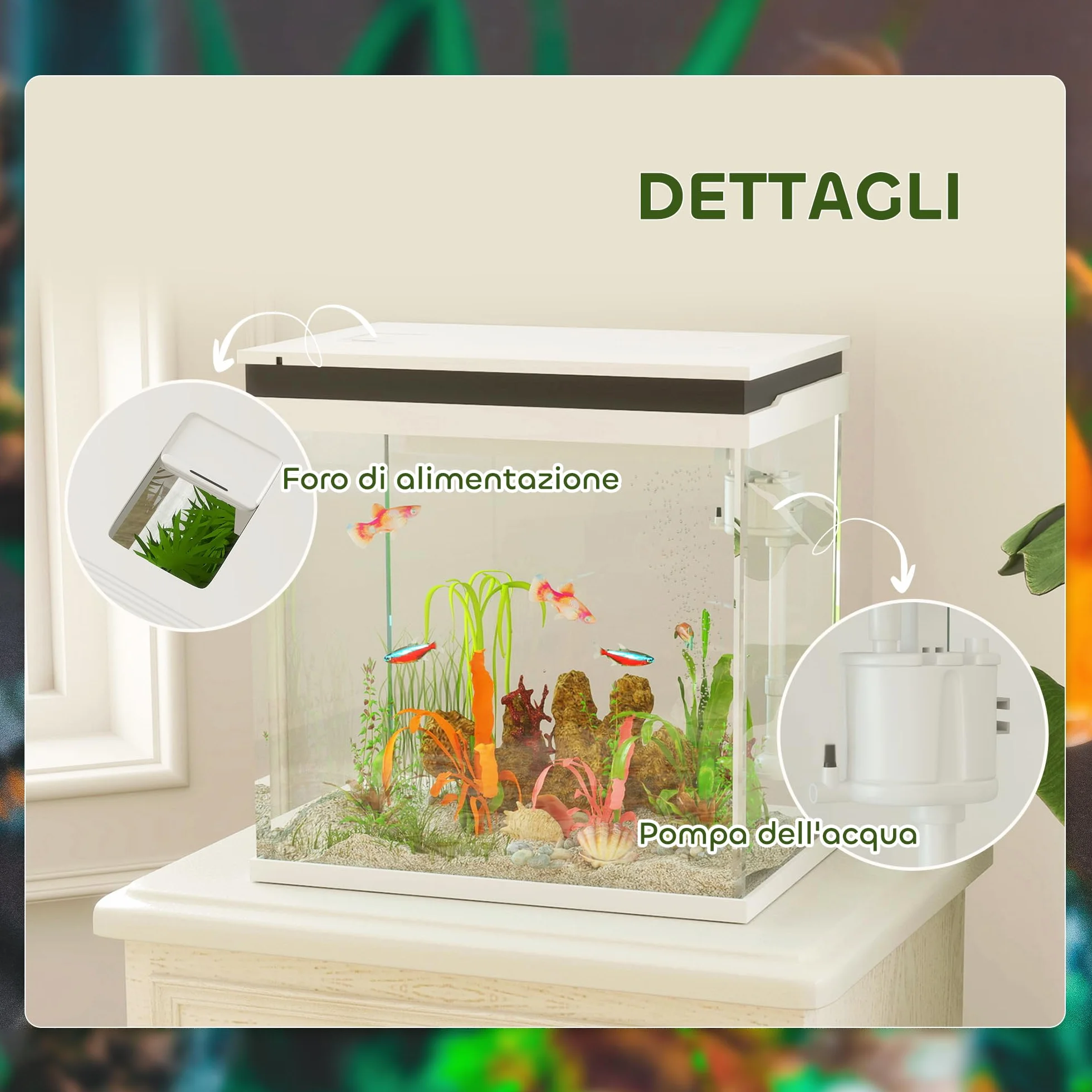 PawHut 26L Acquario in Vetro per Pesci Rossi con Pompa d'Acqua e Filtro, Acquario Completo con Illuminazione LED, Vaschetta per Pesci Acqua Tropicali, 38x26x38cm, Bianco