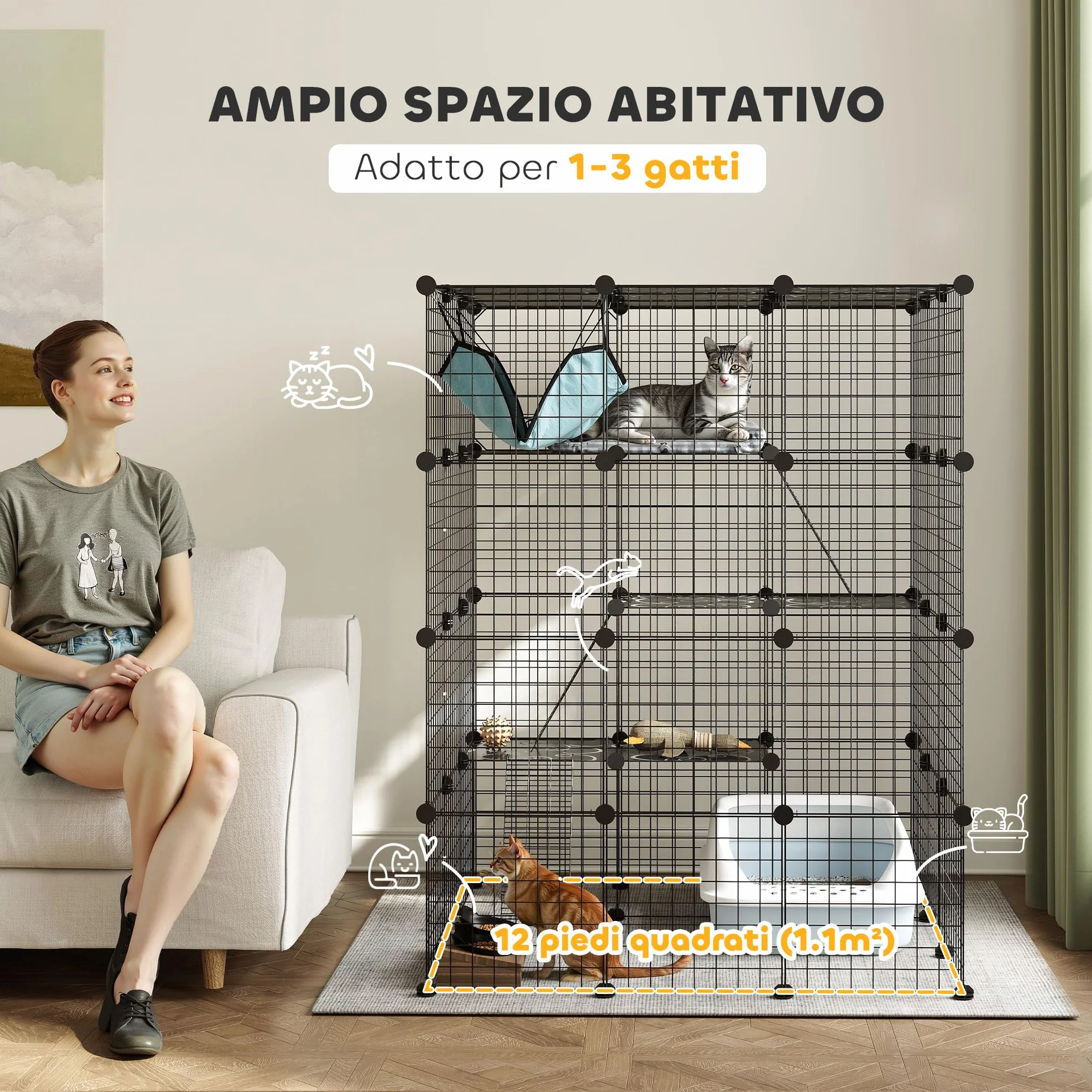 PawHut Gabbia per Gatti Modulabile a 4 Livelli con Rampe, 3 Piattaforme di Salto e 5 Porte, Casetta per Gatti con Tappetini Antiscivolo e Amaca in Acciaio e PP, per 1-3 Gatto, 105x105x140 cm, Nero