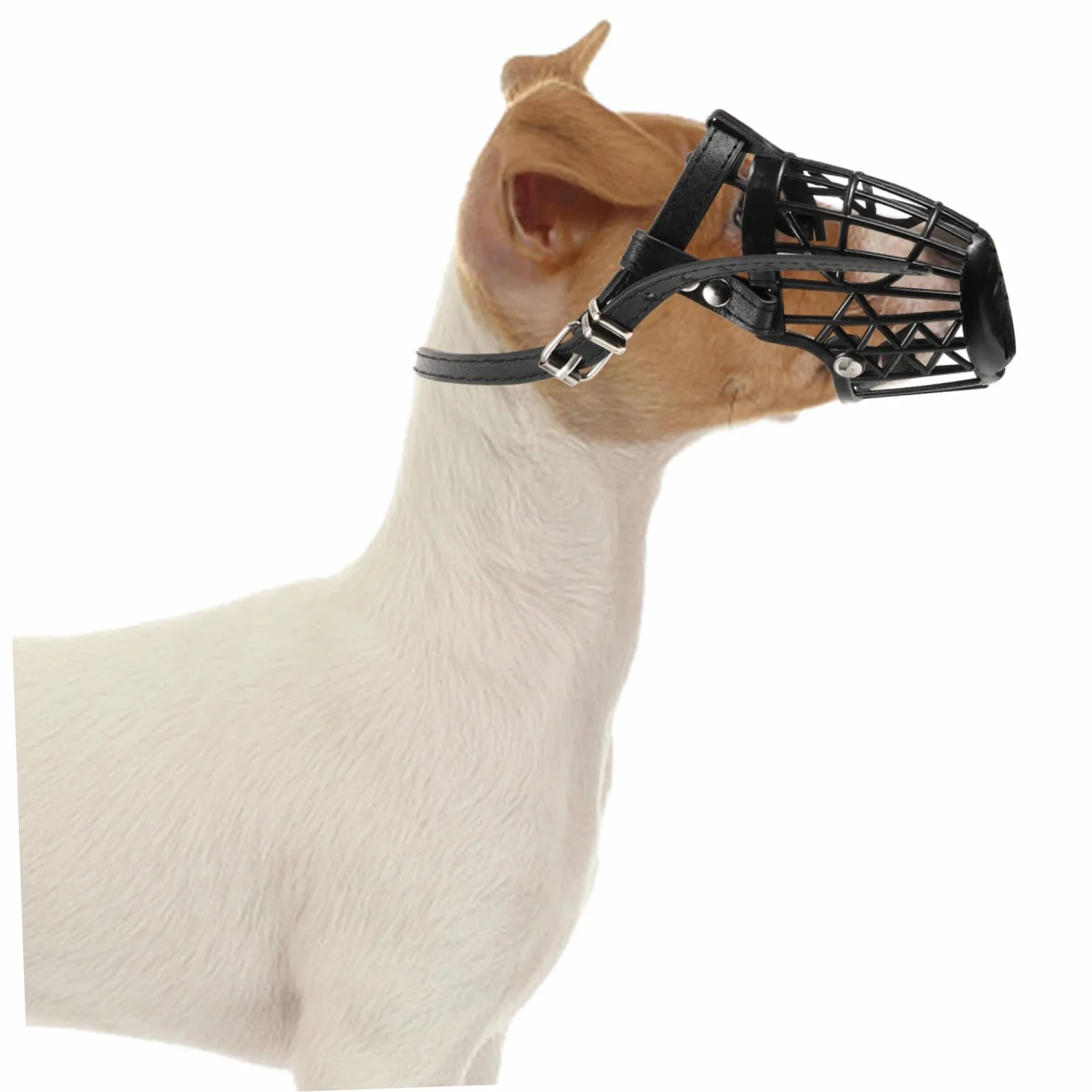 INOOMP Museruola per Cani in Plastica con Cestello Regolabile e Cinturino in Pelle Pu Nero, Set da 7 Unitá Anti-morso Traspirante per Cani e Animali Domestici