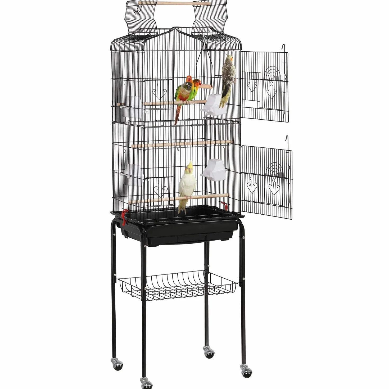 Yaheetech Gabbia Voliera per Uccelli Pappagalli Inseparabili Calopsite Parrochetti in Metallo con Piedistallo Ruote e Tetto Apribile 46 x 35 x 150,5 cm Nera