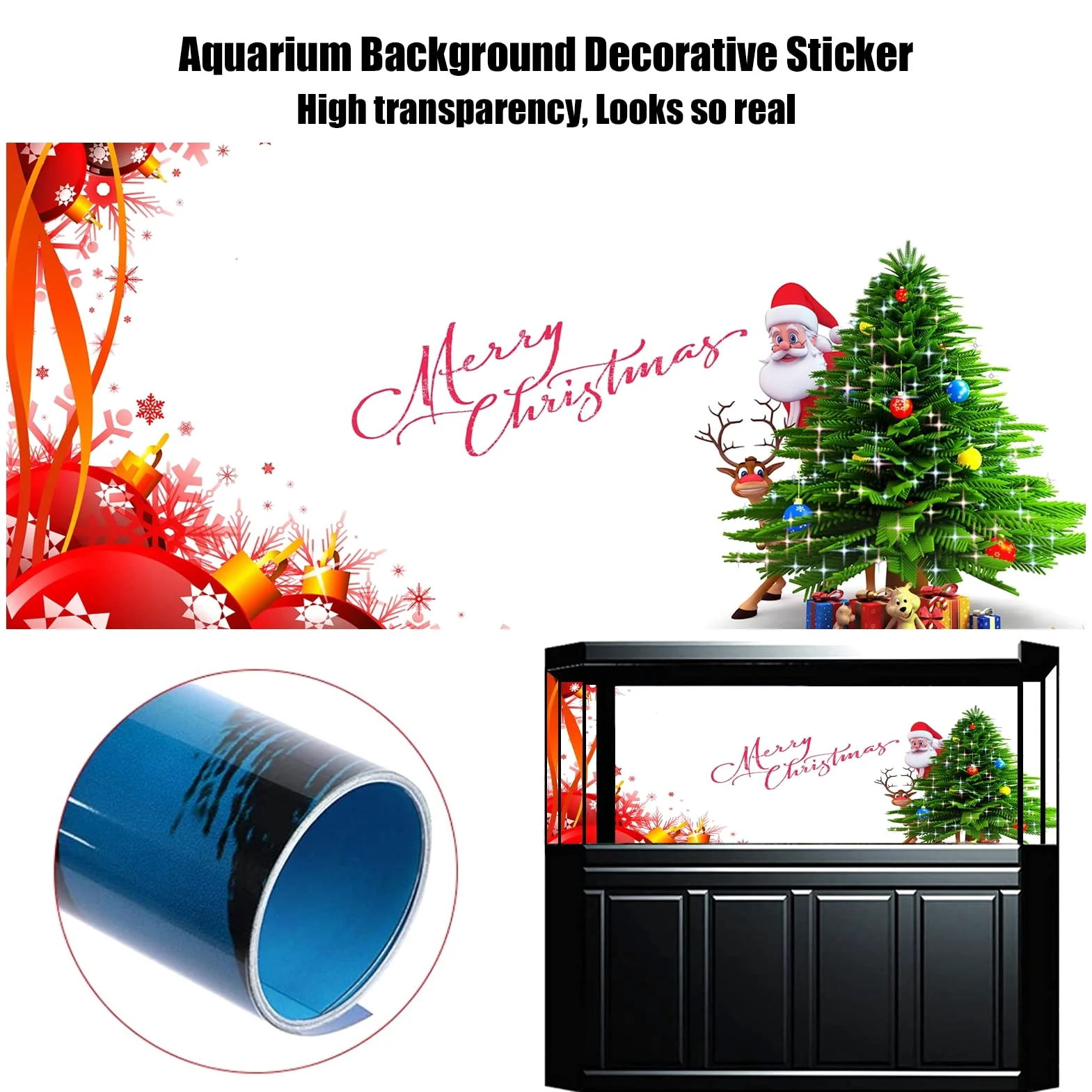 BAHULA Adesivo sfondo acquario, Buon Natale HD Stampa carta da parati Fish Tank decorazioni sfondo PVC autoadesivo paesaggio, 122 x 76 cm