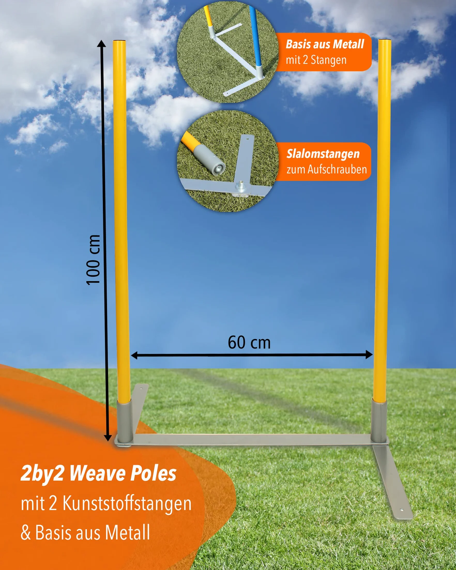 2by2 Weave Poles - Giallo - Set di 2 aste per slalom Agility con base in metallo - per allenamento e costruzione di parcours-espandibili e mobili