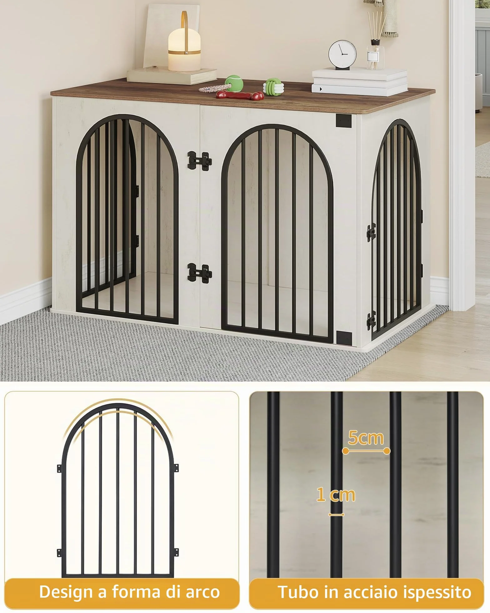 Hzuaneri 108 cm Gabbia per Cani, Tavolo Supplemento, Cuccia Moderna per Cani Interno, Kennel Cane Medio, Casetta per Animali, 3 porte, Porta ad arco, 64 x 108 x 76 cm, Bianco e Marrone DFC86014B