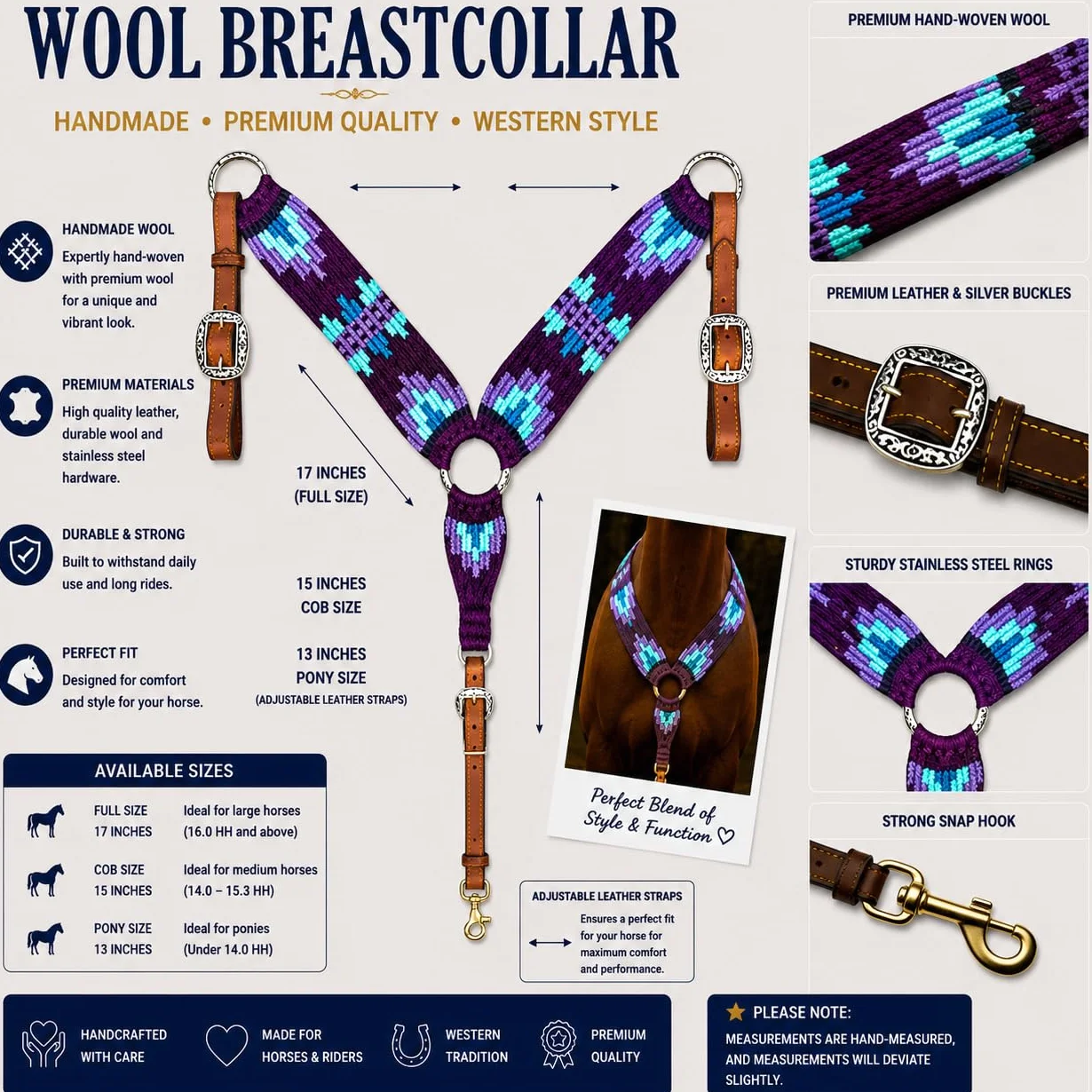 Collare da Petto in Mohair per Cavallo Western Cheval's International, Accessorio Equestre in Lana e Pelle, Regolabile, Nero e Viola, Cob