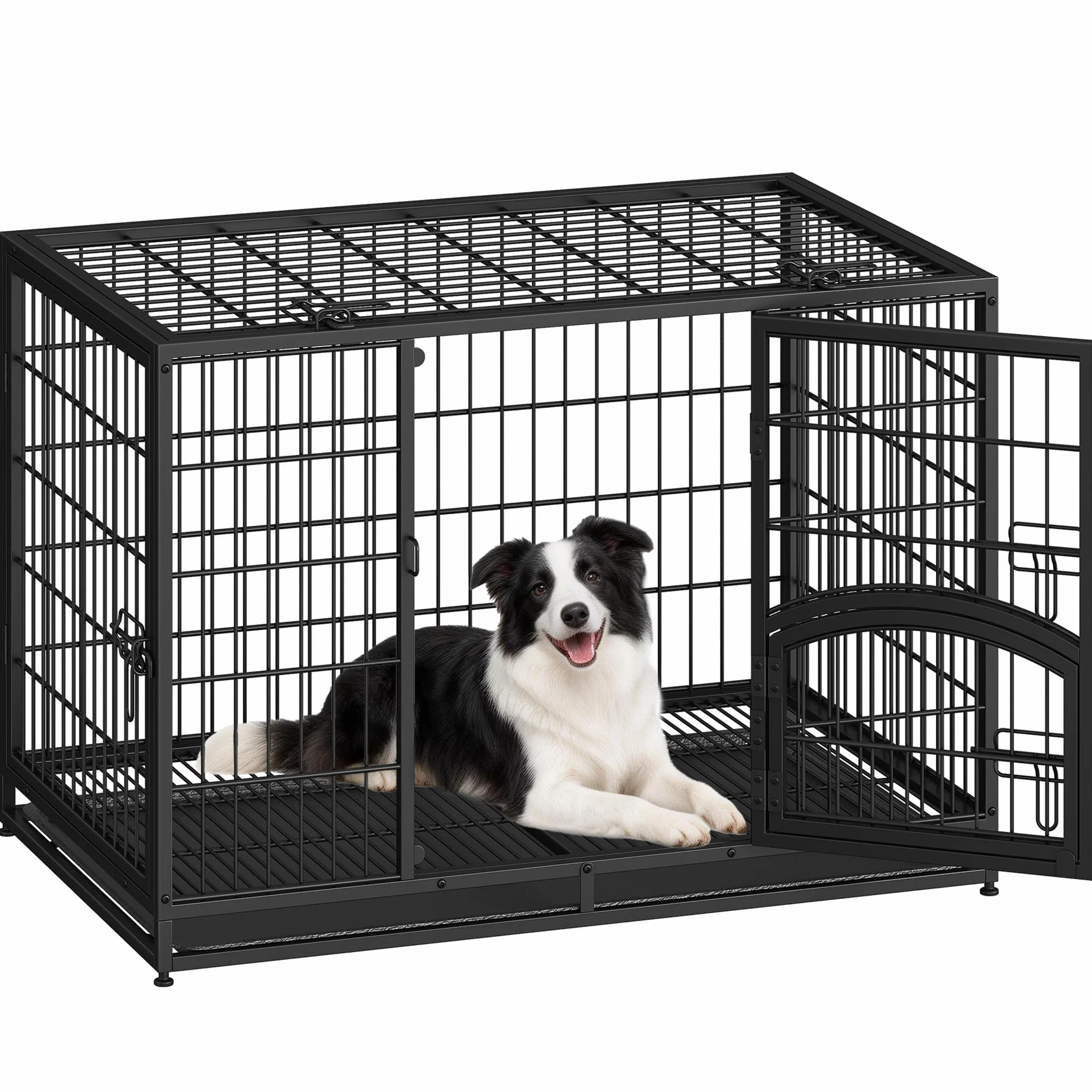 Gabbia Robusta per Cani, XL Gabbia Metallica per Cani con Porta Laterale e Vassoio Rimovibile, Facile da Pulire, 4 Porte Casetta per Animali, Cuccia Cane Interno, Nero, 107 x 70 x 75 cm