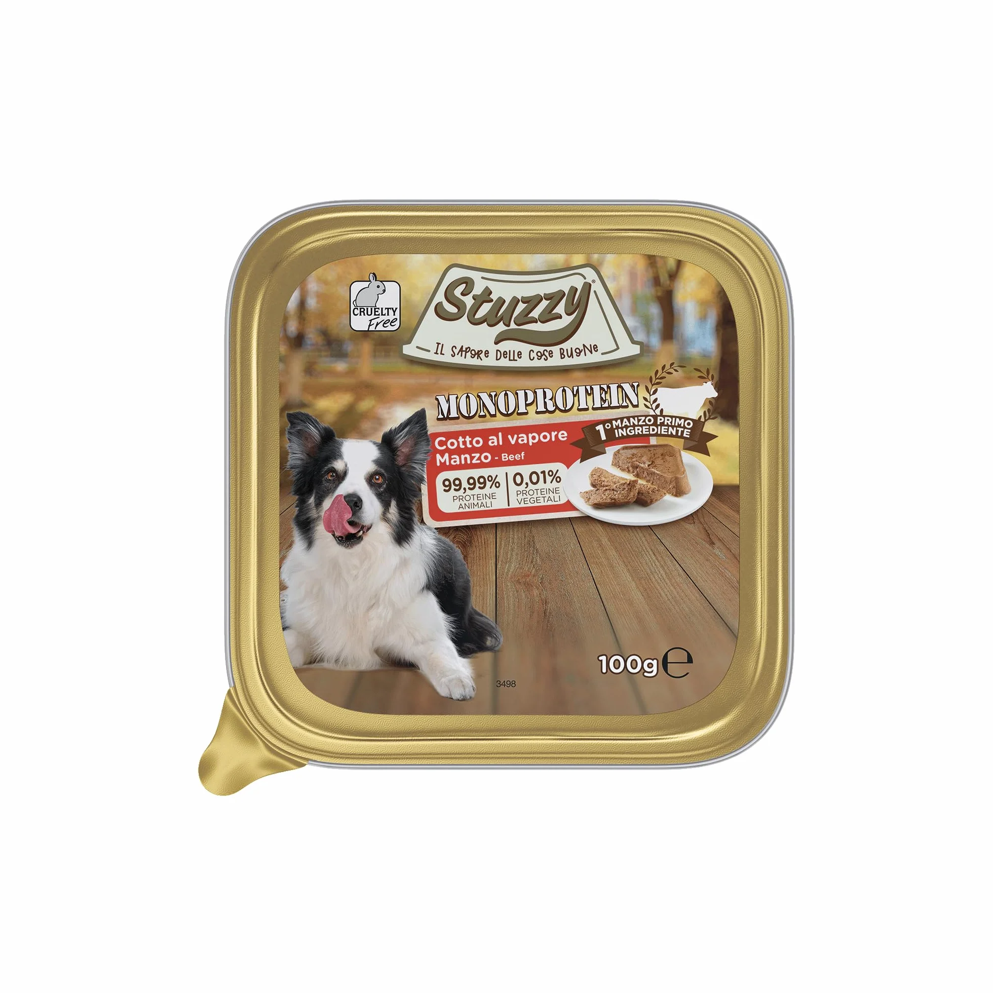 Stuzzy Monoprotein Alimento Umido per Cani Gusto Manzo, 99,9% Proteine Animali, 0,01% Proteine Vegetali, Cotto al Vapore, Alimento Completo per Cani, 32 x 100g