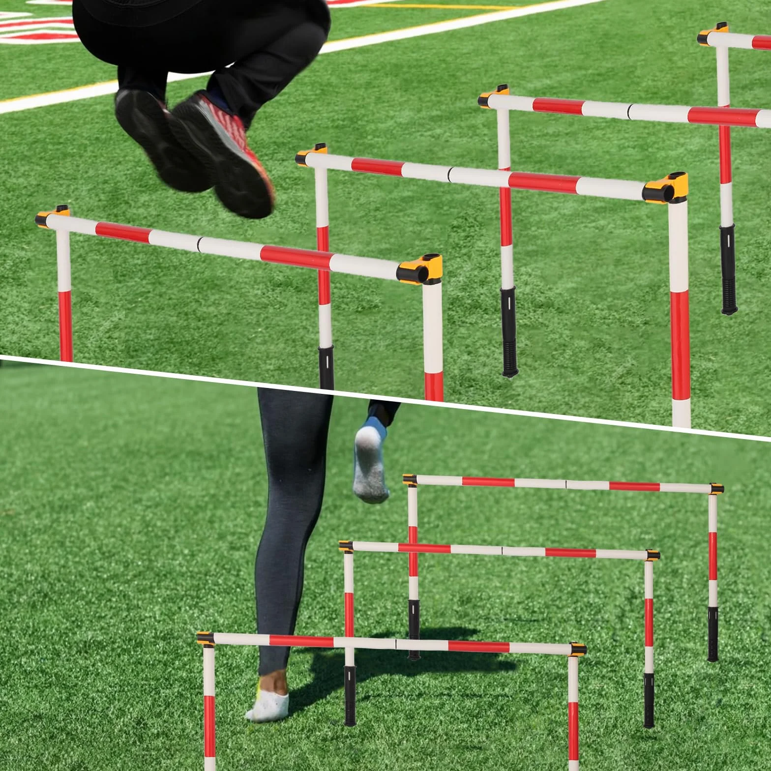 Set di Pali per Allenamento di Agilità Multifunzionale per Calcio Include 6 Pali per Agilità da Calcio, 3 Bastoni Orizzontali Regolabili, 6 Fibbie e 1 Borsa da Trasporto.
