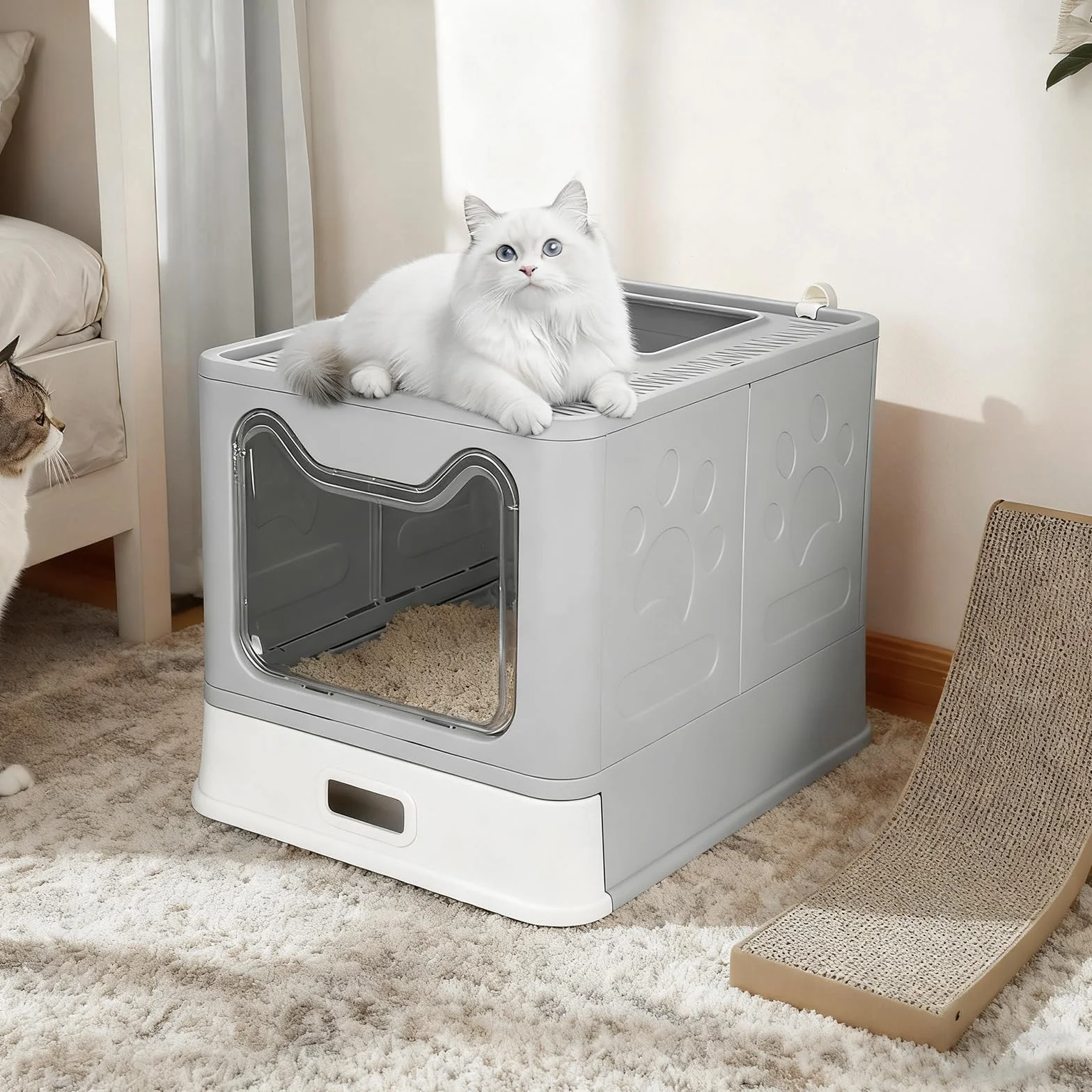OHMG Lettiera per Gatti, Chiusa, Casa di Toilette in Acciaio Inox, Vassoio Rimovibile, Paletta, per Gatti Grandi, Capacità di Carico 15 kg, Anti-tracce, Anti-perdite