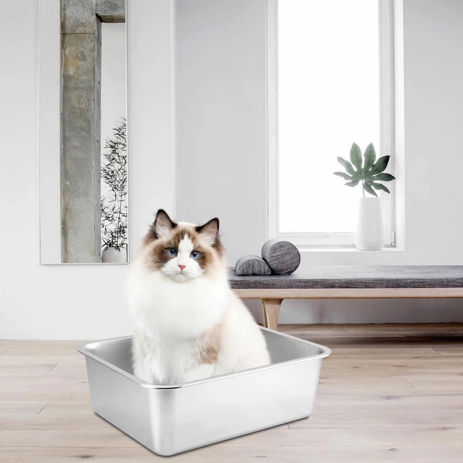 Lettiera per Gatti in Acciaio Inox con Lati Alti Multifunzionale antiruggine AntiGraffio con Bordo Liscio per, 40x30x15 cm