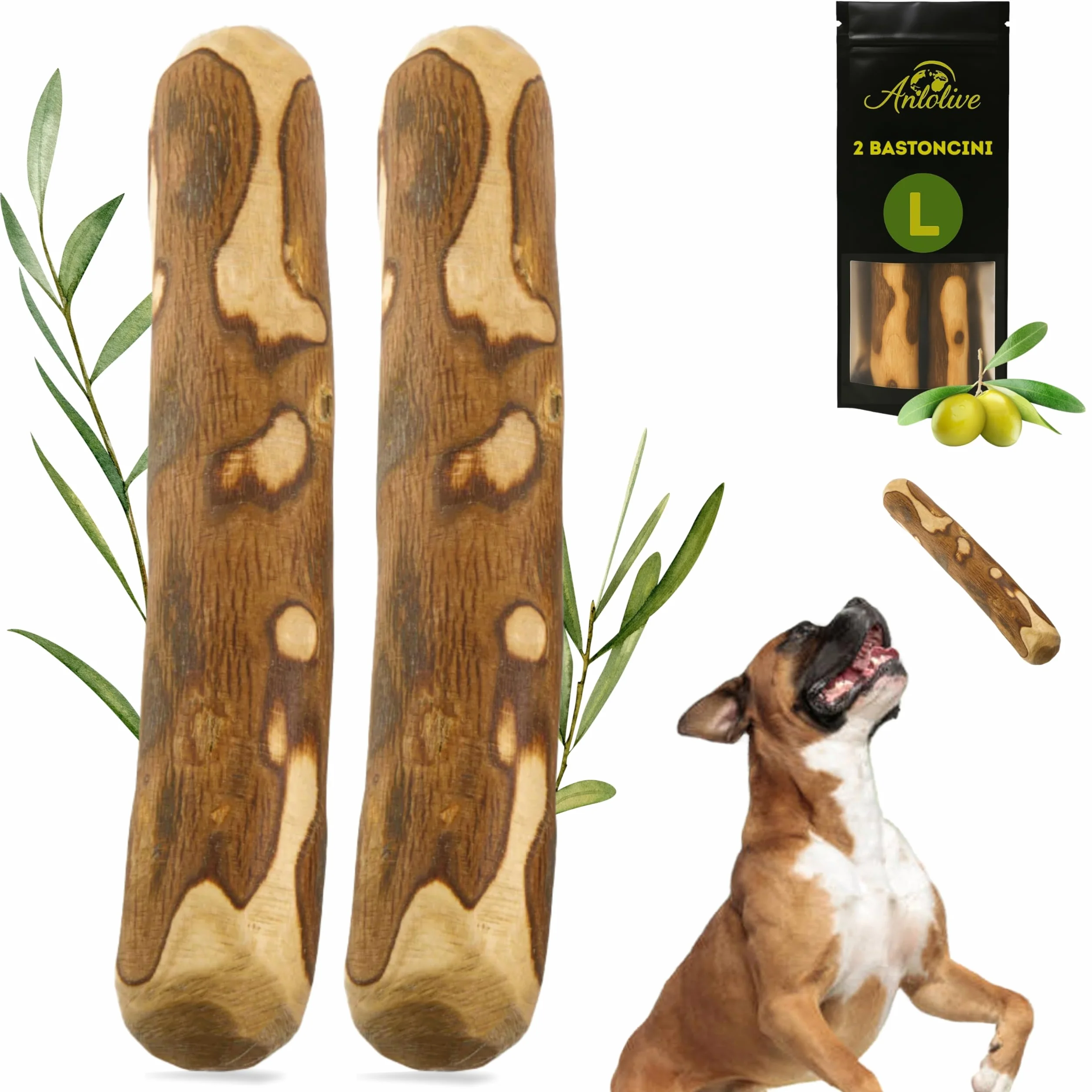 Set 2 Giochi da Masticare Naturali Taglia L 20-23 cm Legno d'Ulivo per Cani Medi e Grandi
