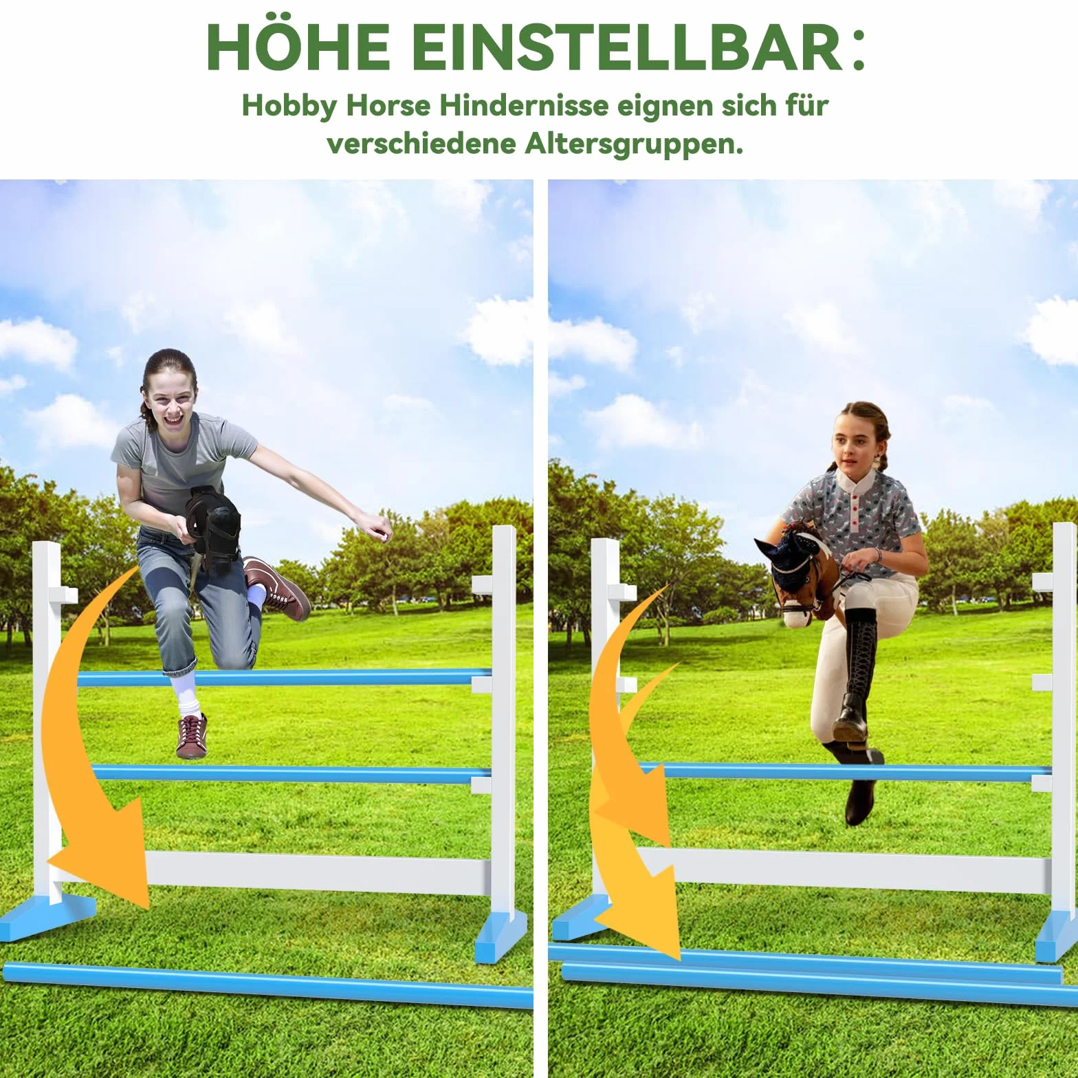 Hobby Horse Ostacoli – Set di 2 salti + 1 ostacolo, regolabile in altezza, stabile, per giardino, sala giochi e hobby Horse Training