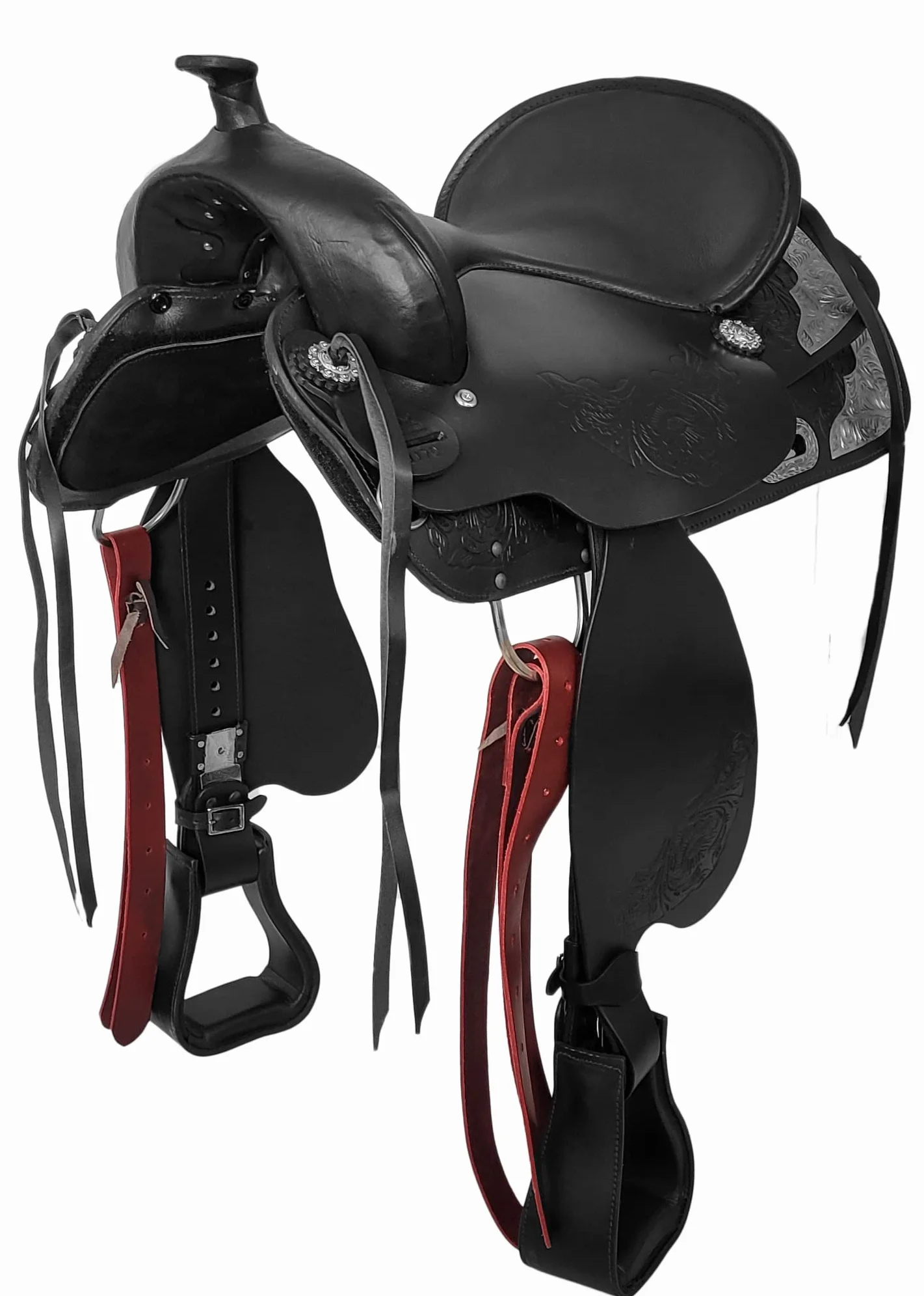 A&M Reitsport Sella western senza albero Kansas in pelle di bufalo, nero, ferro intercambiabile, misura 16 pollici