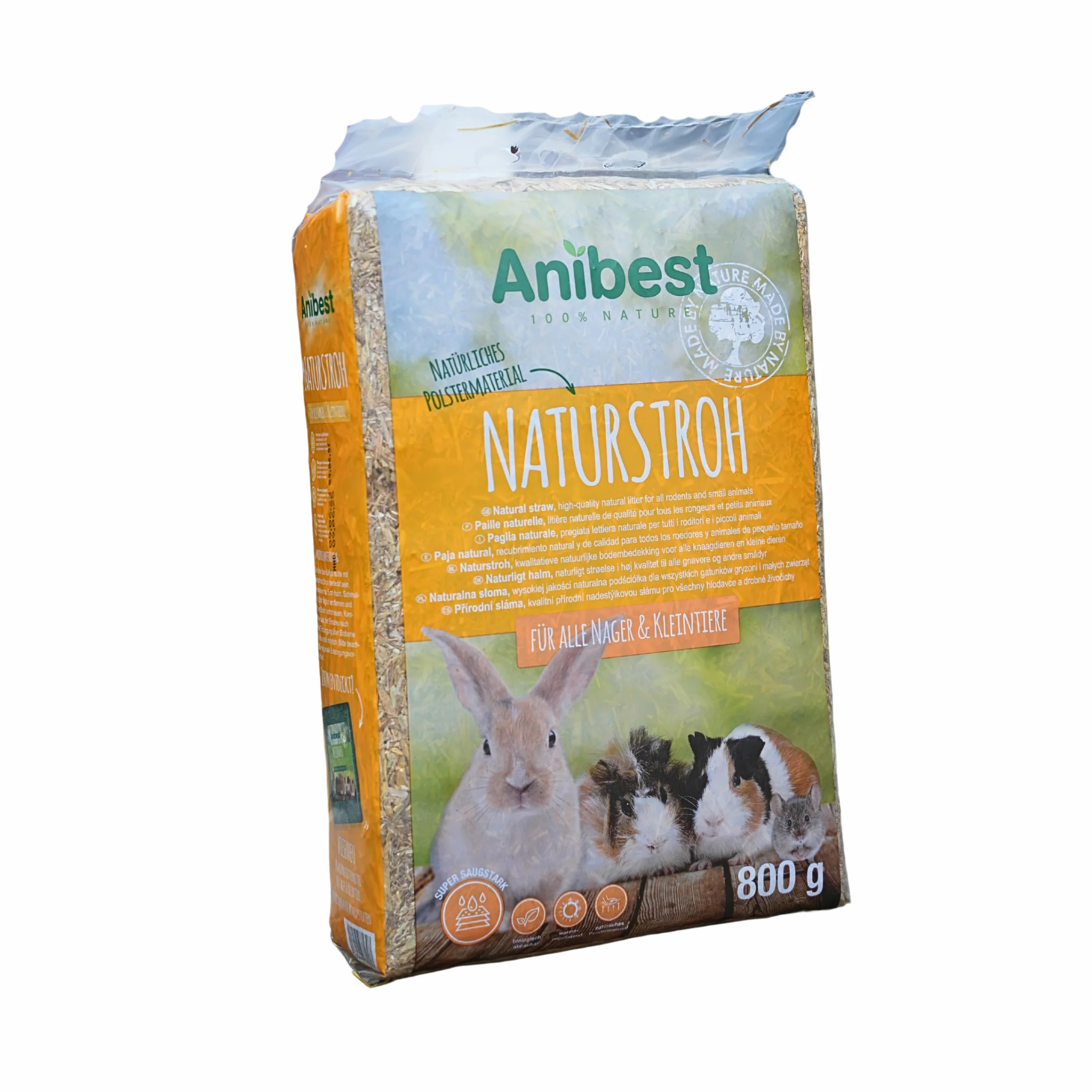 Anibest Paglia naturale, lettiera per piccoli animali, 100% naturale per tutti i roditori e piccoli animali, conigli, criceti, porcellini d'India e Co, assorbente, termoisolante, Made in Germany, 0,8