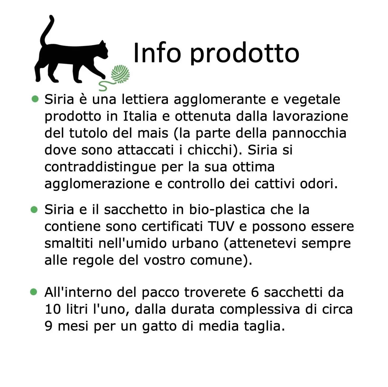 Siria 60L-Lettiera per Gatti Vegetale e Agglomerante-Set 6 sacchi da 10 Litri
