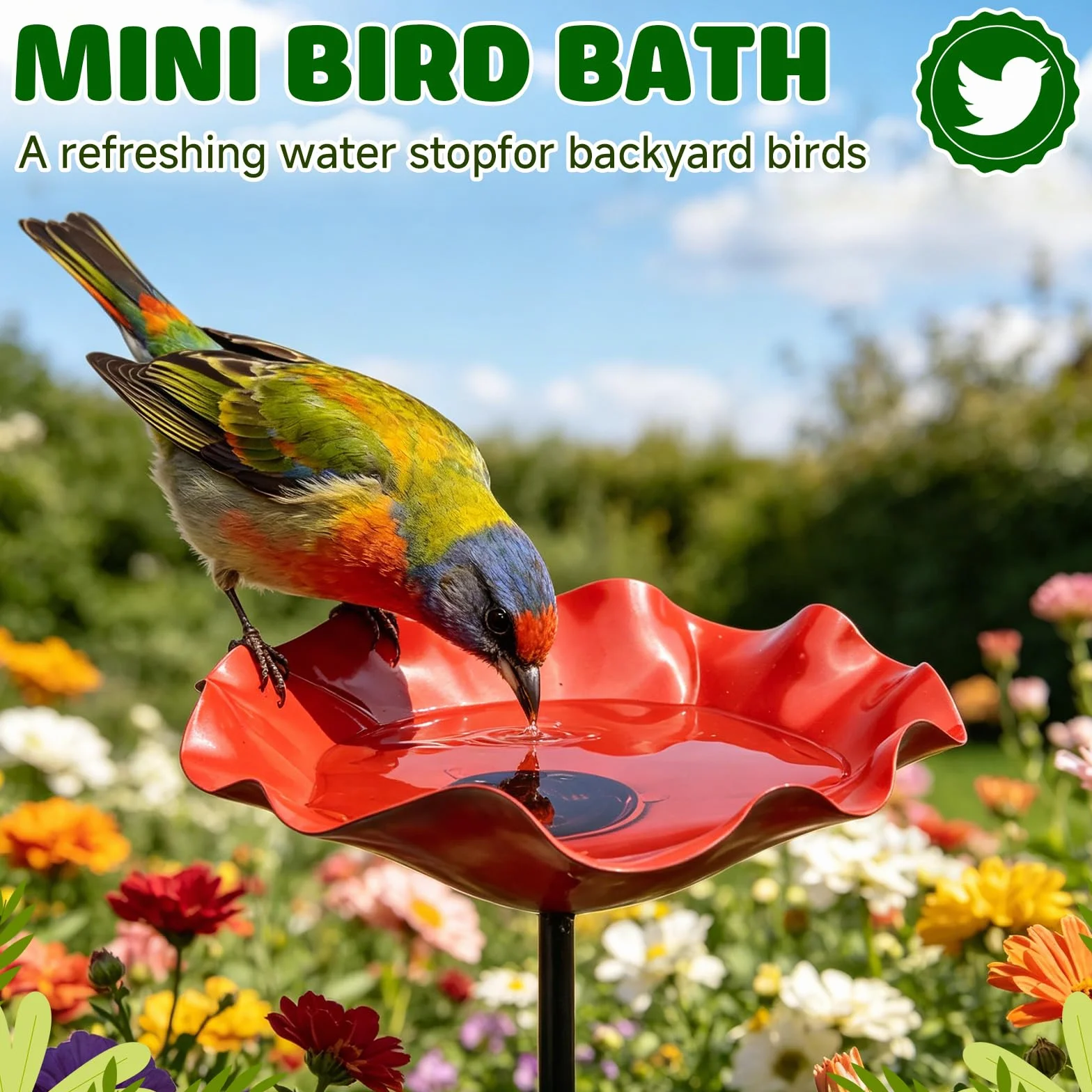 Paletto da Giardino in Metallo per Uccelli, Abbeveratoio a Forma di Fiore per Api – Bagno per Uccelli su Palo con Vasca – Decorazione da Giardino in Metallo Rosso – Altezza 65 cm