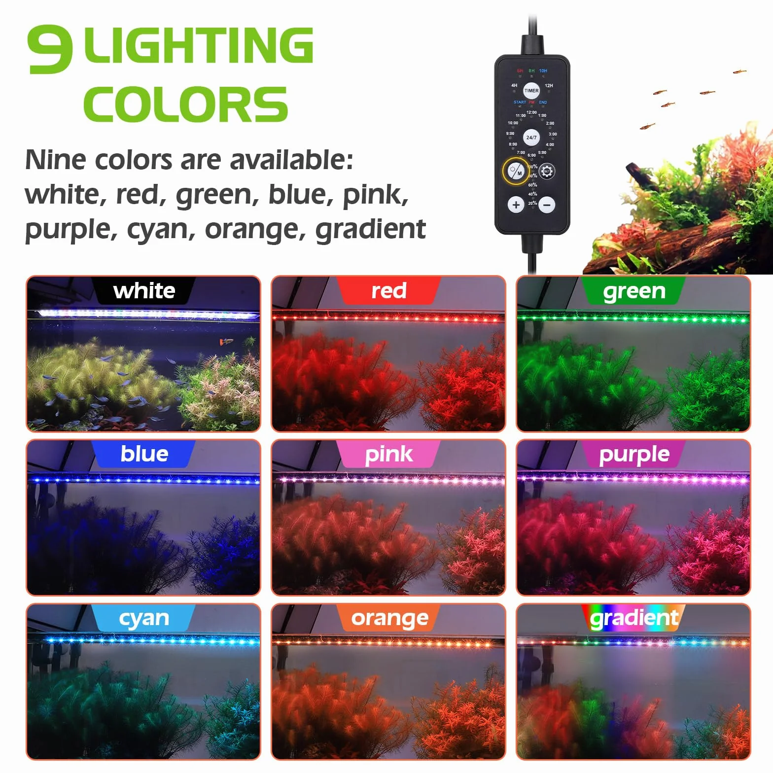 HYGGER Illuminazione per Acquario, Lampada Led per Acquario con 9 Colori e 10 Luminosità Regolabili per Acquari da 45-60cm