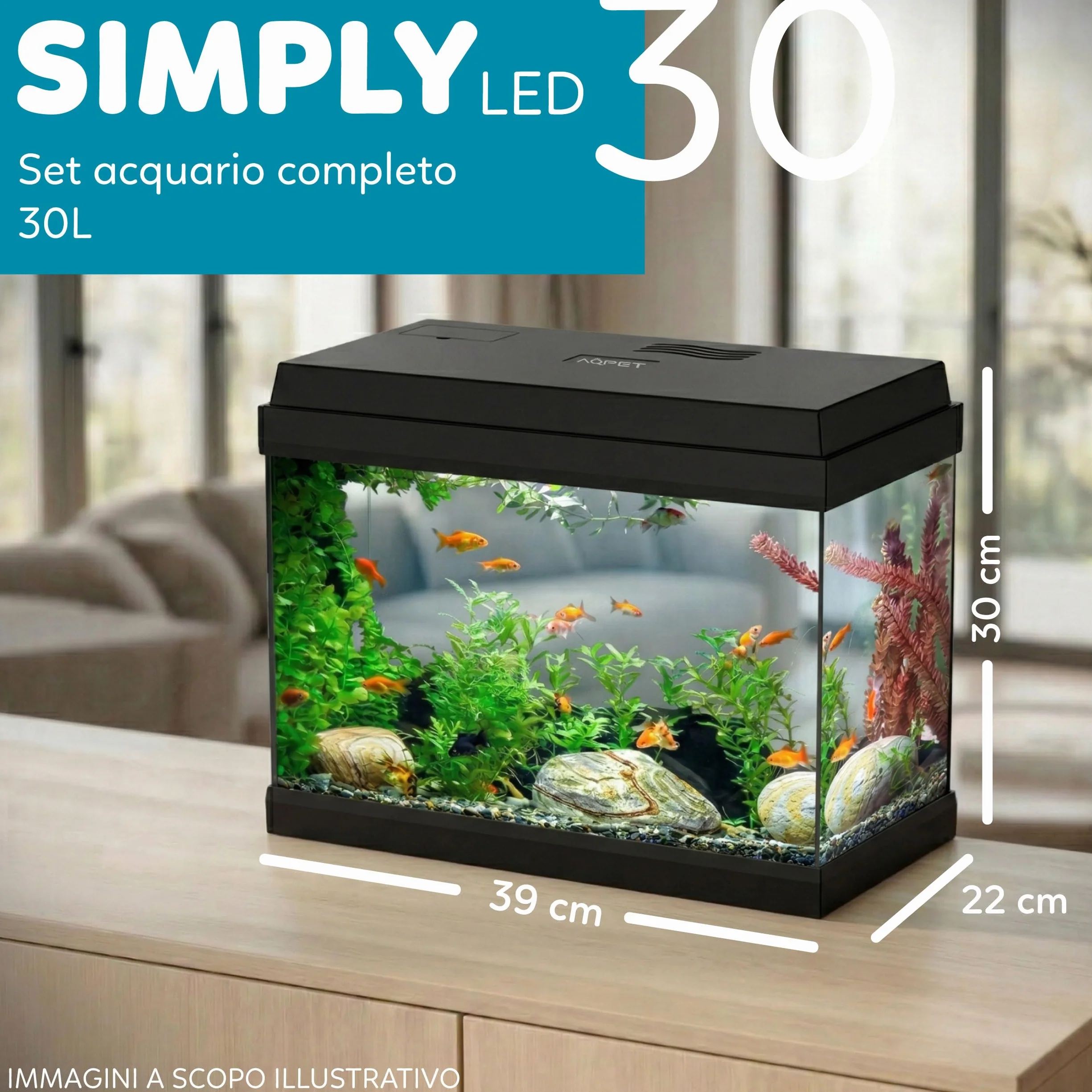 AQPET Acquario in Vetro per Pesci Tropicali Completo di Accessori Filtro Luce Simply, 30 39x22x30 cm 30 Litri