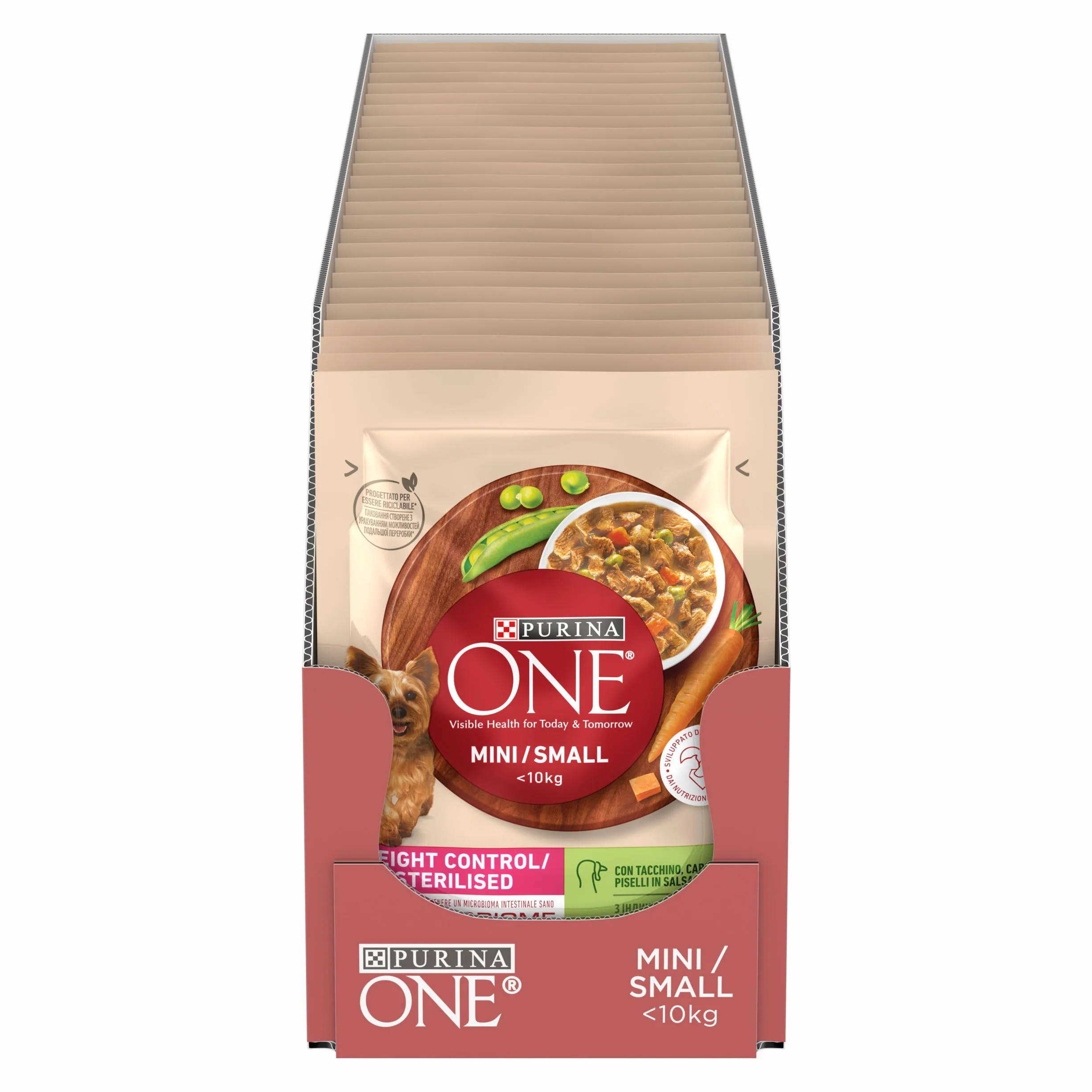 PURINA ONE Small&Mini < 10kg Controllo del peso Cibo Umido per Cani Adulti con Tacchino, Carote e Piselli 26 bustine da 85g