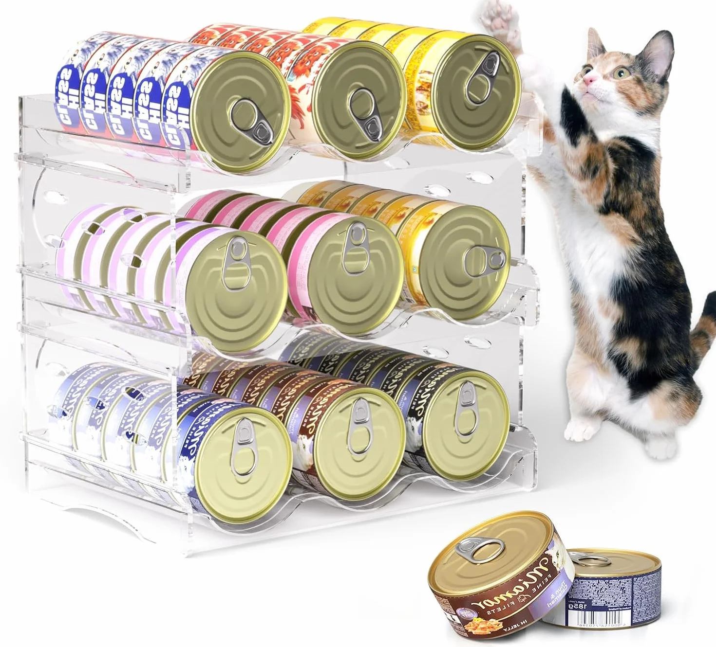 Organizzatore per cibo per gatti, organizzatore per lattine da 30 o 45 lattine, organizzatore trasparente e contenitore per il piano di lavoro (L)