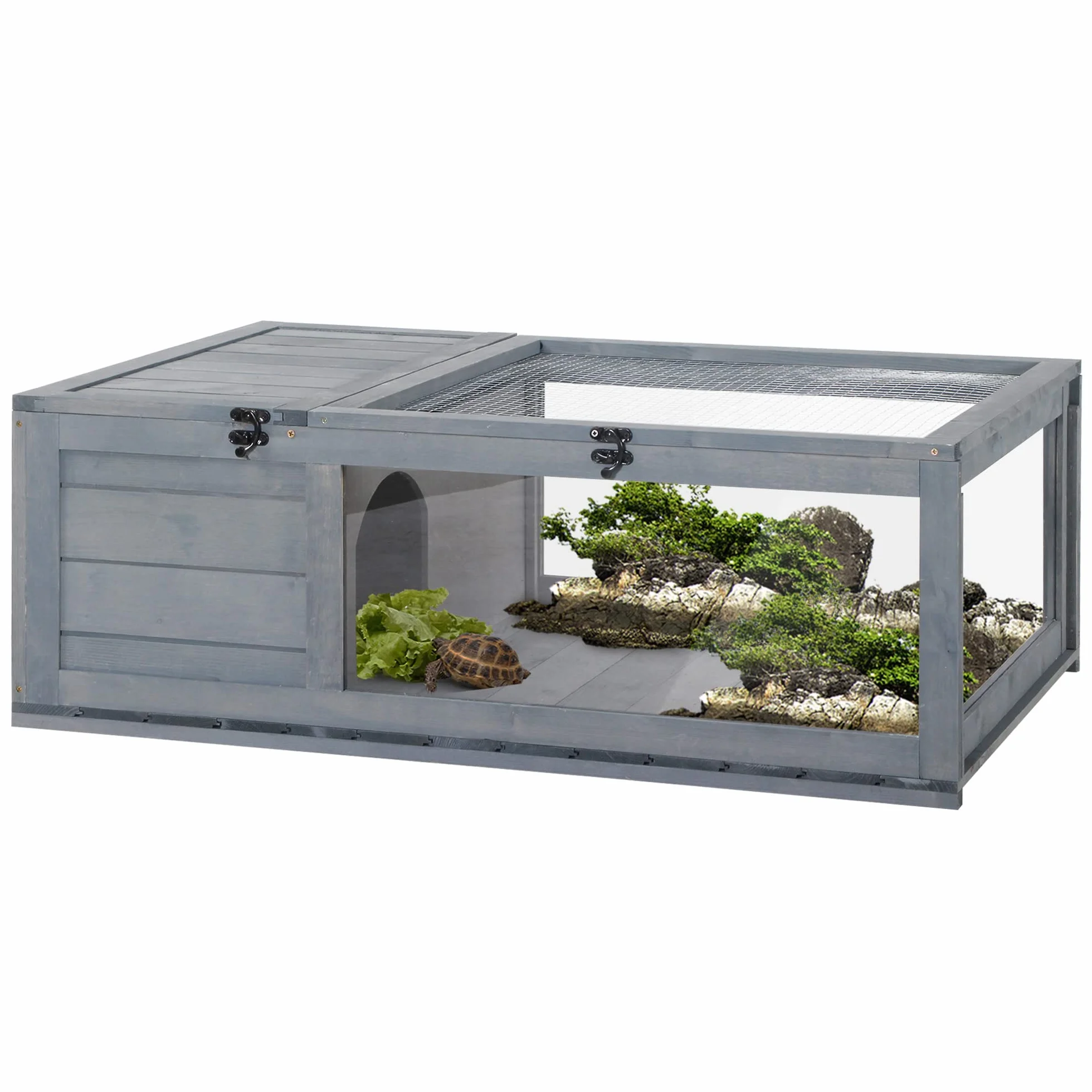 PawHut casa in legno per tartarughe recinto per tartarughe con piano incernierato, gabbia per rettili da esterno terrario per tartarughe rettili per interni esterni 91x60,5x32 cm, grigio