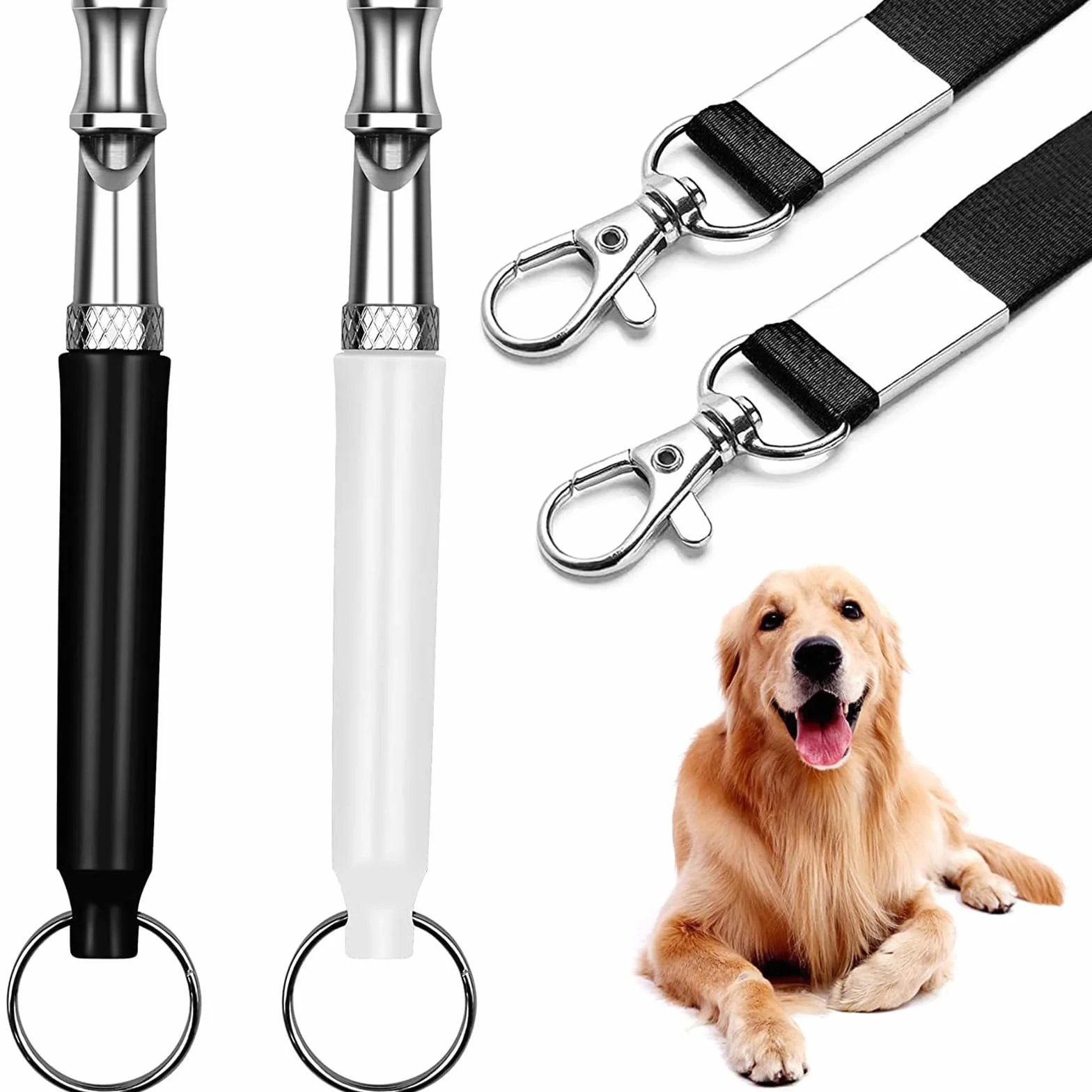 2 Fischietti per Cane (Nero & Bianco), Strumento di Addestramento Ultrasonico con Cinturino 49cm, per Richiamo e Addestramento Canino