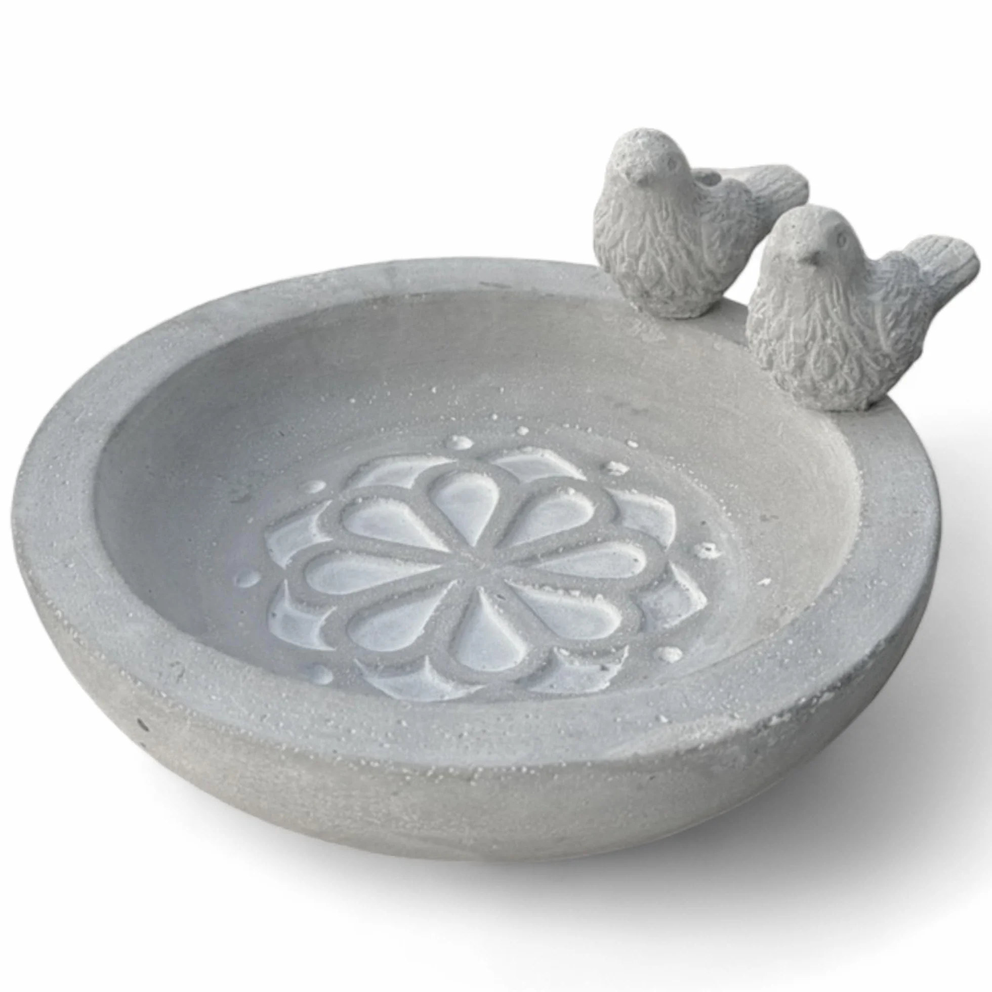MIJOMA Abbeveratoio per uccelli in cemento, decorazione da giardino resistente al gelo per uccelli selvatici, elegante gioiello da giardino (fiori e uccelli)