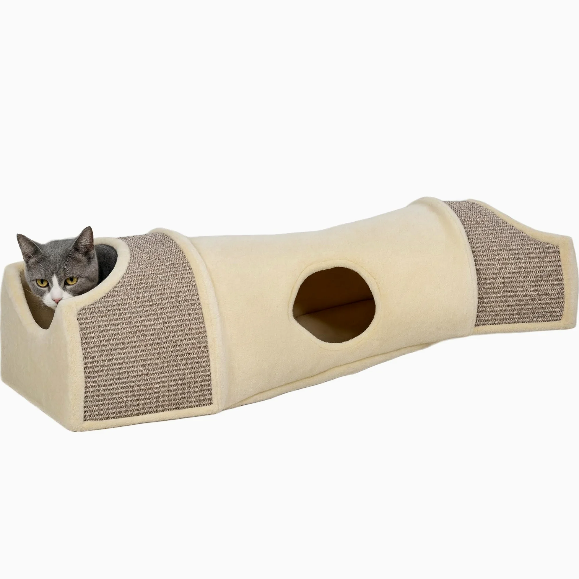 PawHut Tunnel per gatti in peluche 107x38x29 cm Beige+Grigio | Con 2 case, 3 aperture, Tunnel da gioco pieghevole (sisal), Design combinato