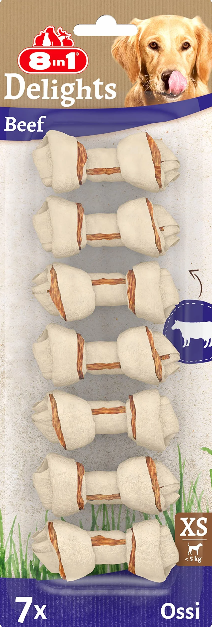8in1 Delights Beef Bones XS Ossa masticabili per cani piccola taglia sensibili manzo pelle di manzo 7 pezzi