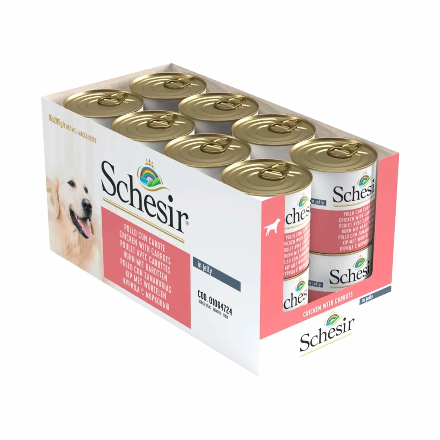 Schesir, Cibo Umido per Cani Adulti al Gusto Pollo con Carote, Filetti in Morbida Gelatina - Totale 4,56 Kg (16 Lattine da 285G)