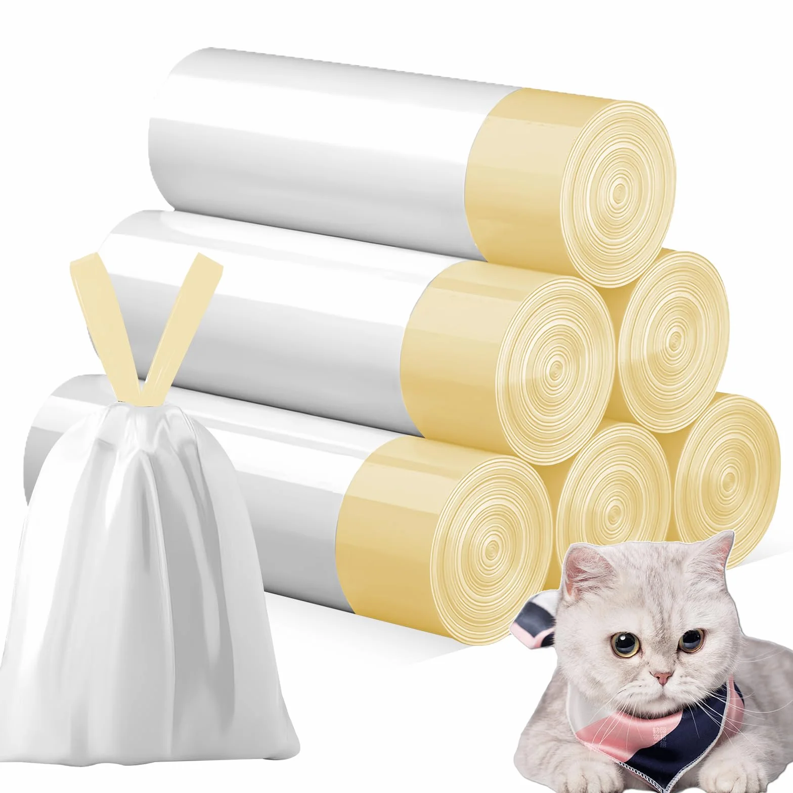 Sacchetti per la spazzatura con maniglia: 6 rotoli di sacchetti per lettiera per gatti, sacchetti per lettiera per gatti, 90 pezzi, lunga durata, autopulente, colore: giallo