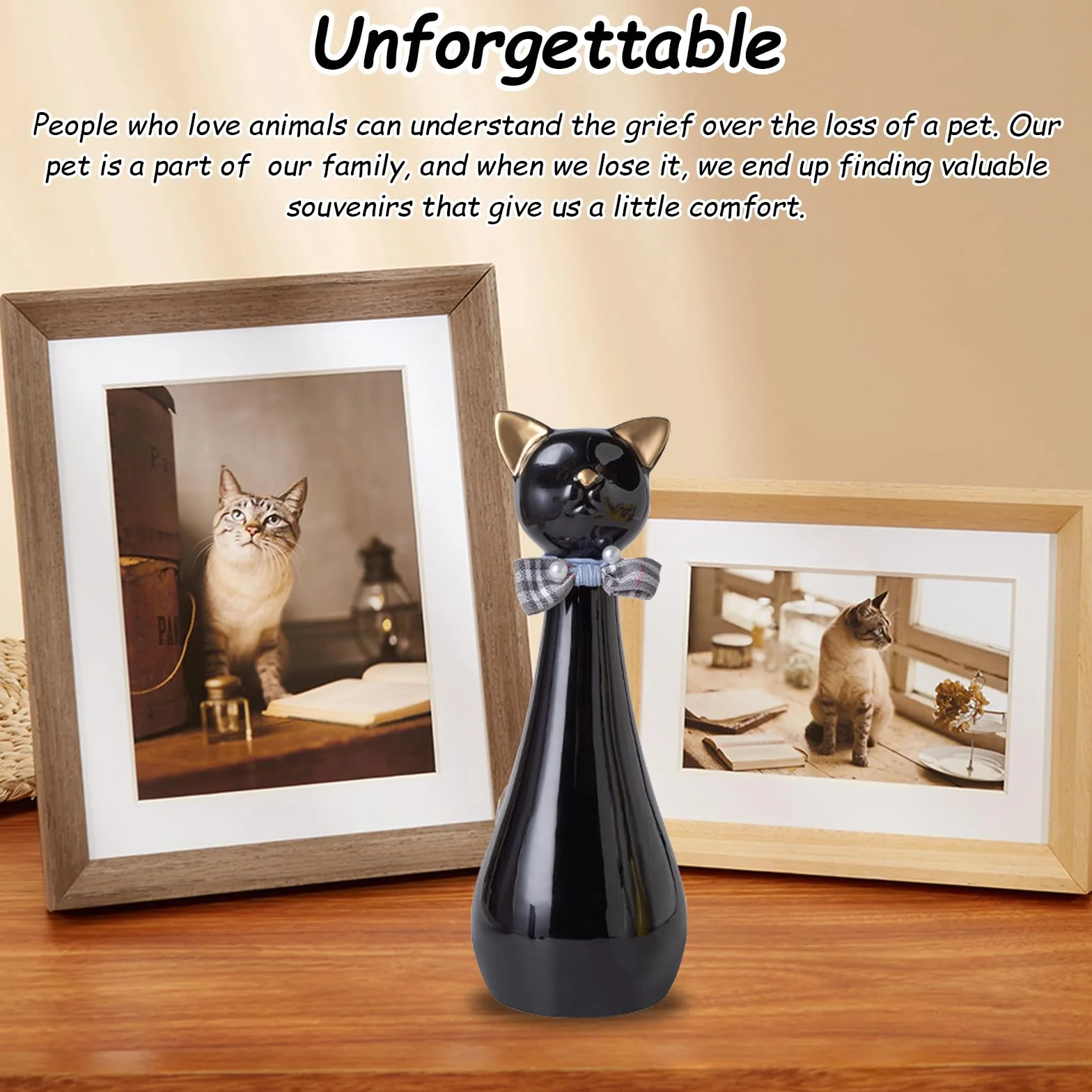 Urna per Gatti in Ceramica 9,5x9,5x25,5 cm 550 ml Nera con Collare a Fiocco