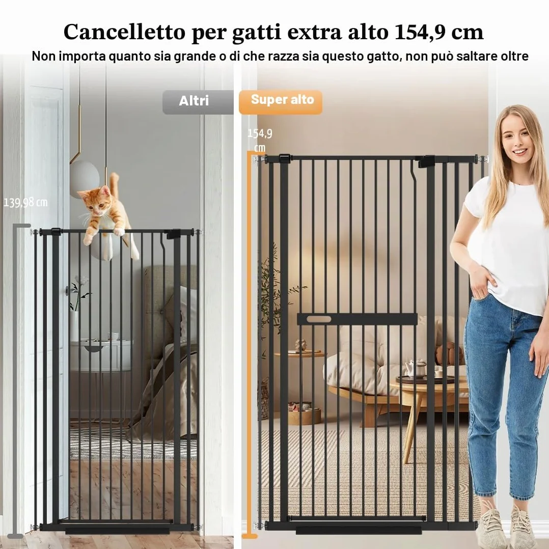 Xifamniy 155 cm Cancello Extra Alto per Gatti Montato a Pressione Auto Chiusura Cancello per Cani Extra Largo 76.5-92 cm Cancello Alto in Metallo per Porte per Gatti e Cani