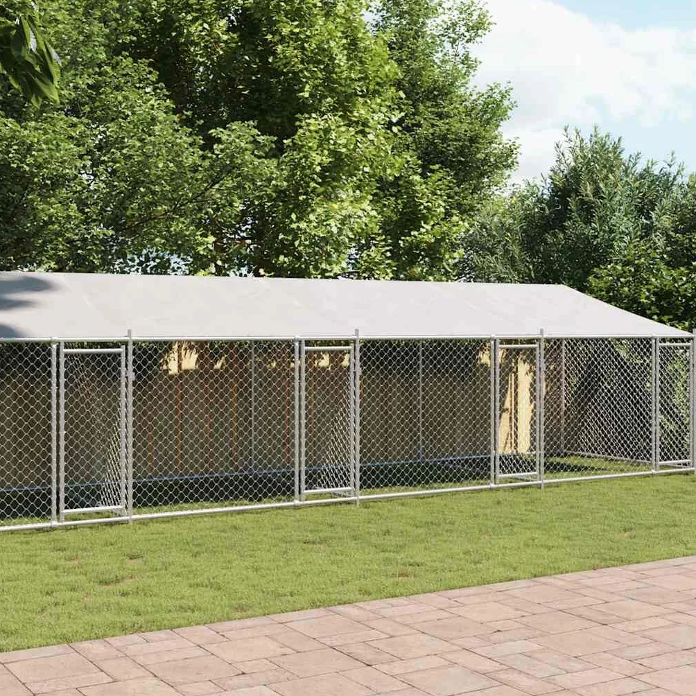 vidaXL Gabbia Cani con Tetto e Porte Grigia 10x2x2 m Acciaio Zincato, Gabbia per Cani con Tetto, Cuccia per Cani, Box per Cani