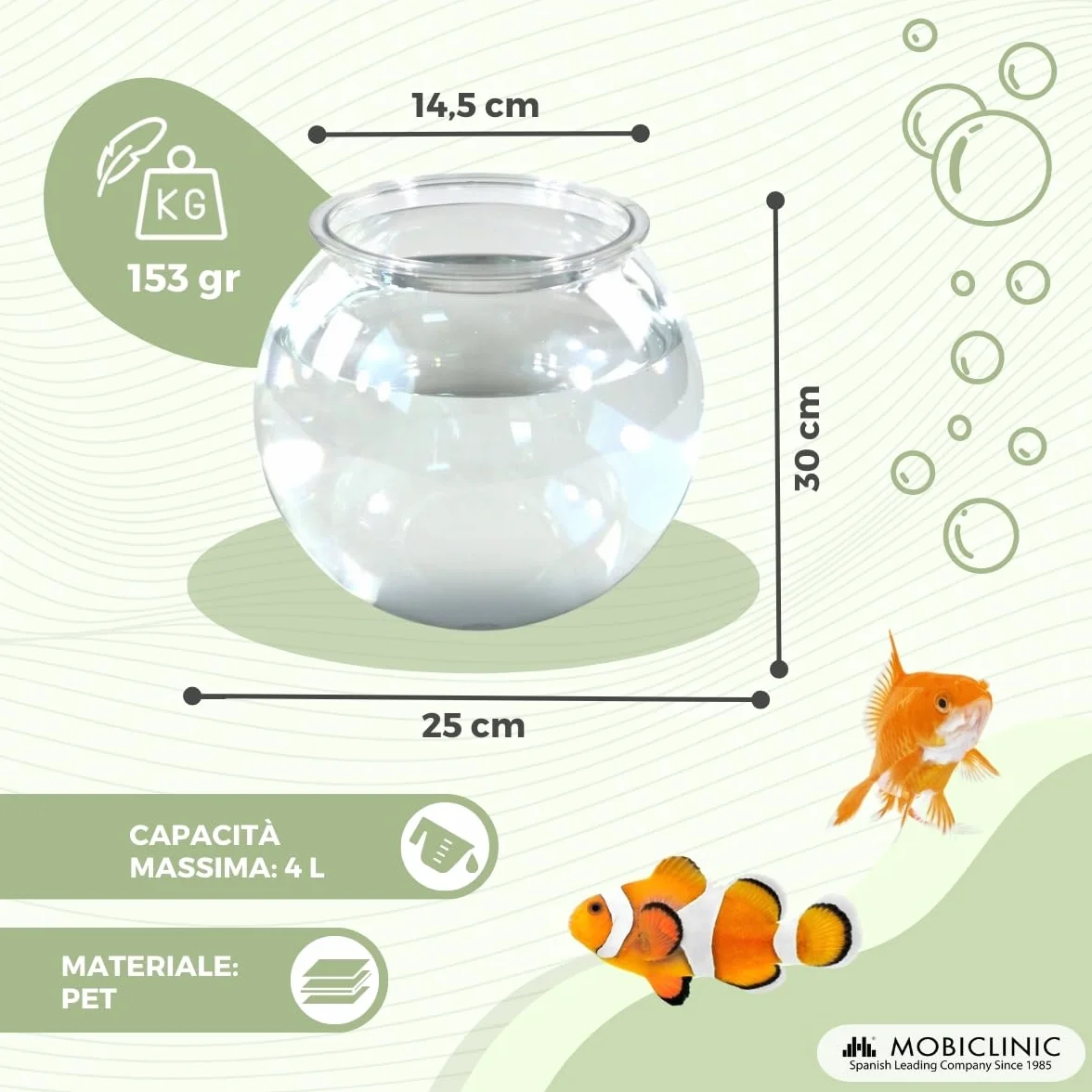 Mobiclinic® pets, Boccia per pesci, Rotondo, Nemo, 4 litri, Plastica pet eco, Design trasparente, 20x20x17, 5cm, Facile pulizia, Resistente, Ideale la decorazione domestica, Erbe acquatiche