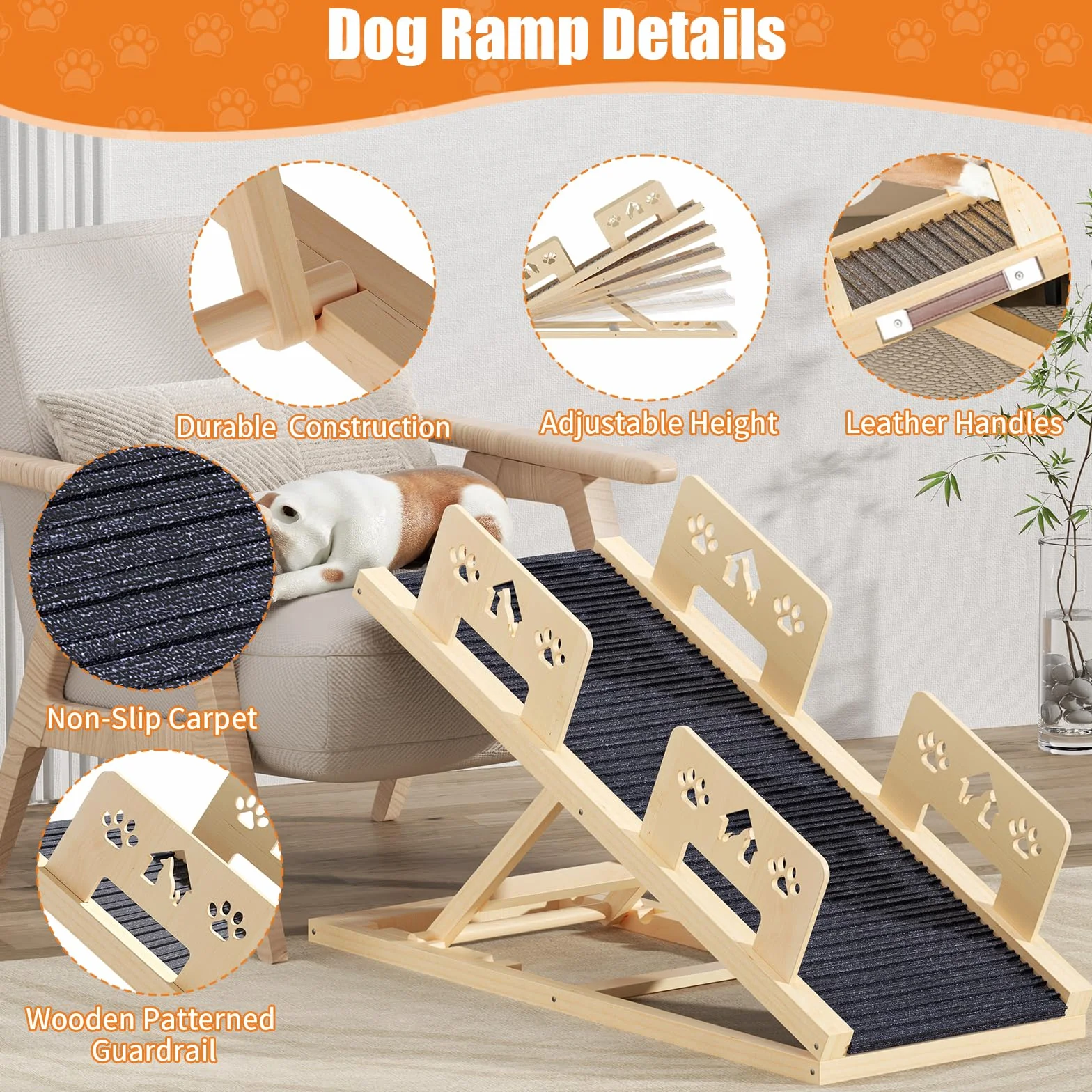 Rampa per cani con ringhiera di sicurezza, in legno, per letto, divano, auto, altezza regolabile 35-58 cm, con tappetino antiscivolo, rampa per cani fino a 60 kg