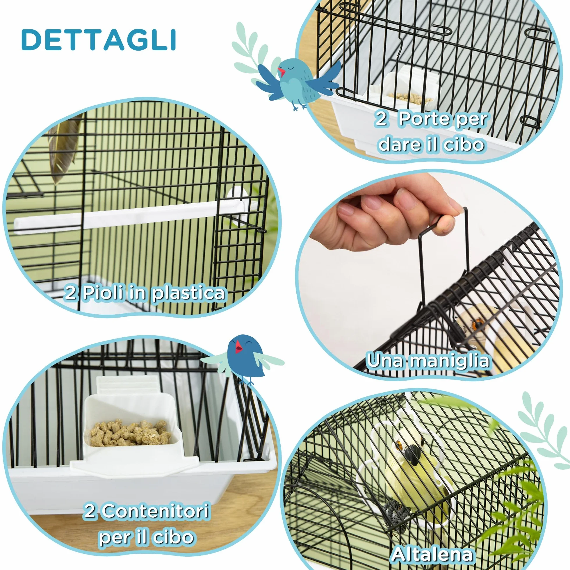 PawHut Gabbia per Uccelli con Vassoio Estraibile, Voliera Per Uccelli in Metallo e Plastica con Pioli e Altalena, 39x33x47cm, Bianco