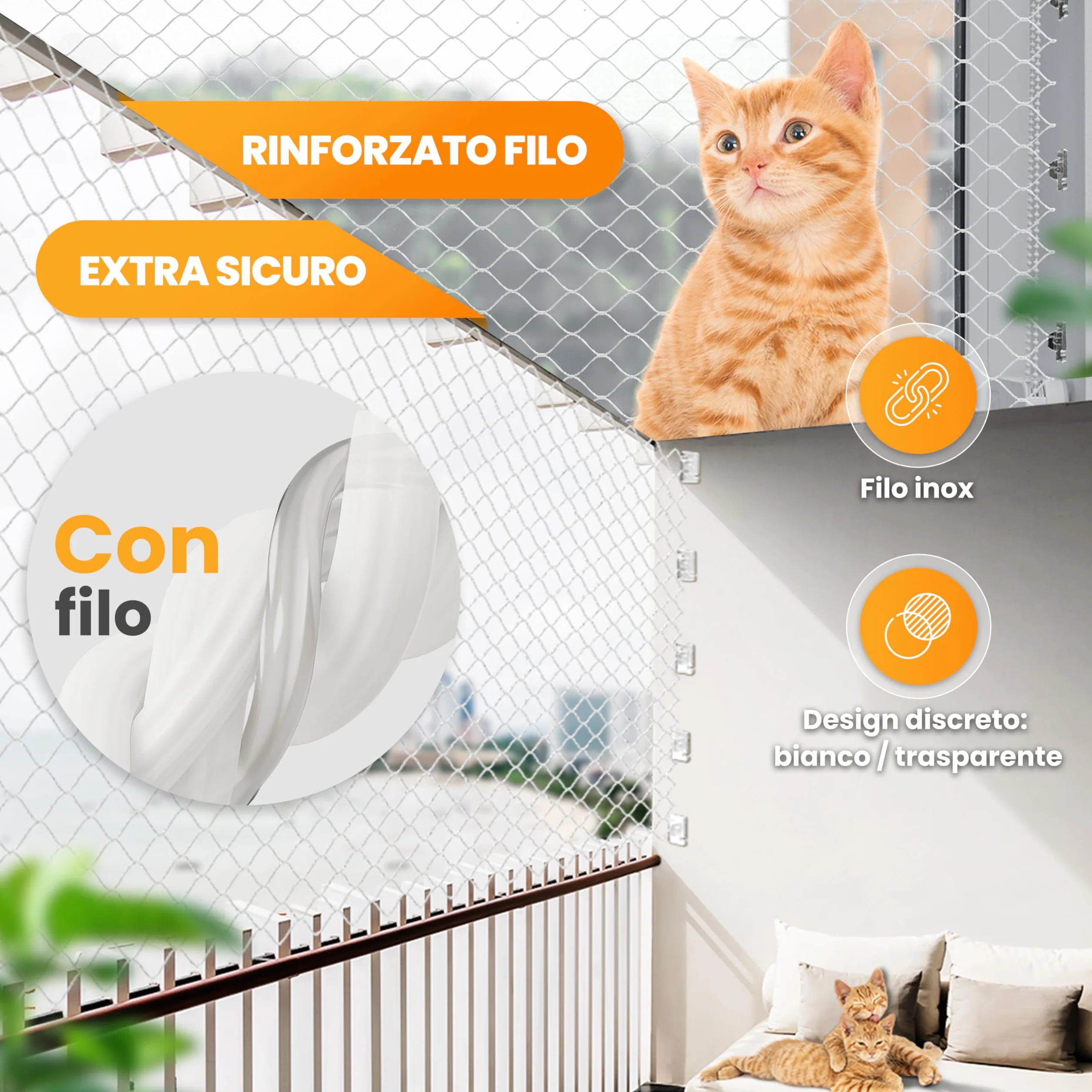Naturiz Rete per gatti per balcone senza foratura, 3 x 4 m, rinforzata con filo trasparente/bianco, griglia per gatti con gancio adesivo – Rete di protezione per gatti per balcone e finestre, rete da