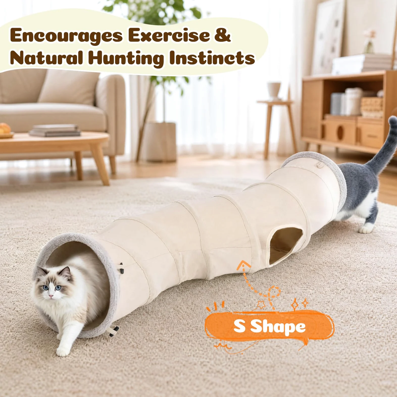 Ownpets Tunnel per gatti a forma di S con palline sospese, 30 x 125 cm, tubo pieghevole a 2 vie per gattini | Tessuto scamosciato, tunnel extra largo 30 cm, adatto a gatti di tutte le dimensioni, per interni ed esterni