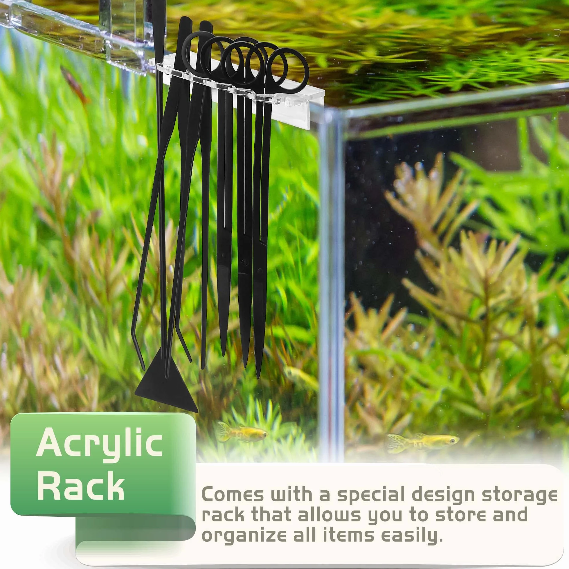 Kit di attrezzi 8 in 1 per aquascaping con ripiano in acrilico, in acciaio nero, perfetto per creare uno splendido paesaggio subacqueo per acquario