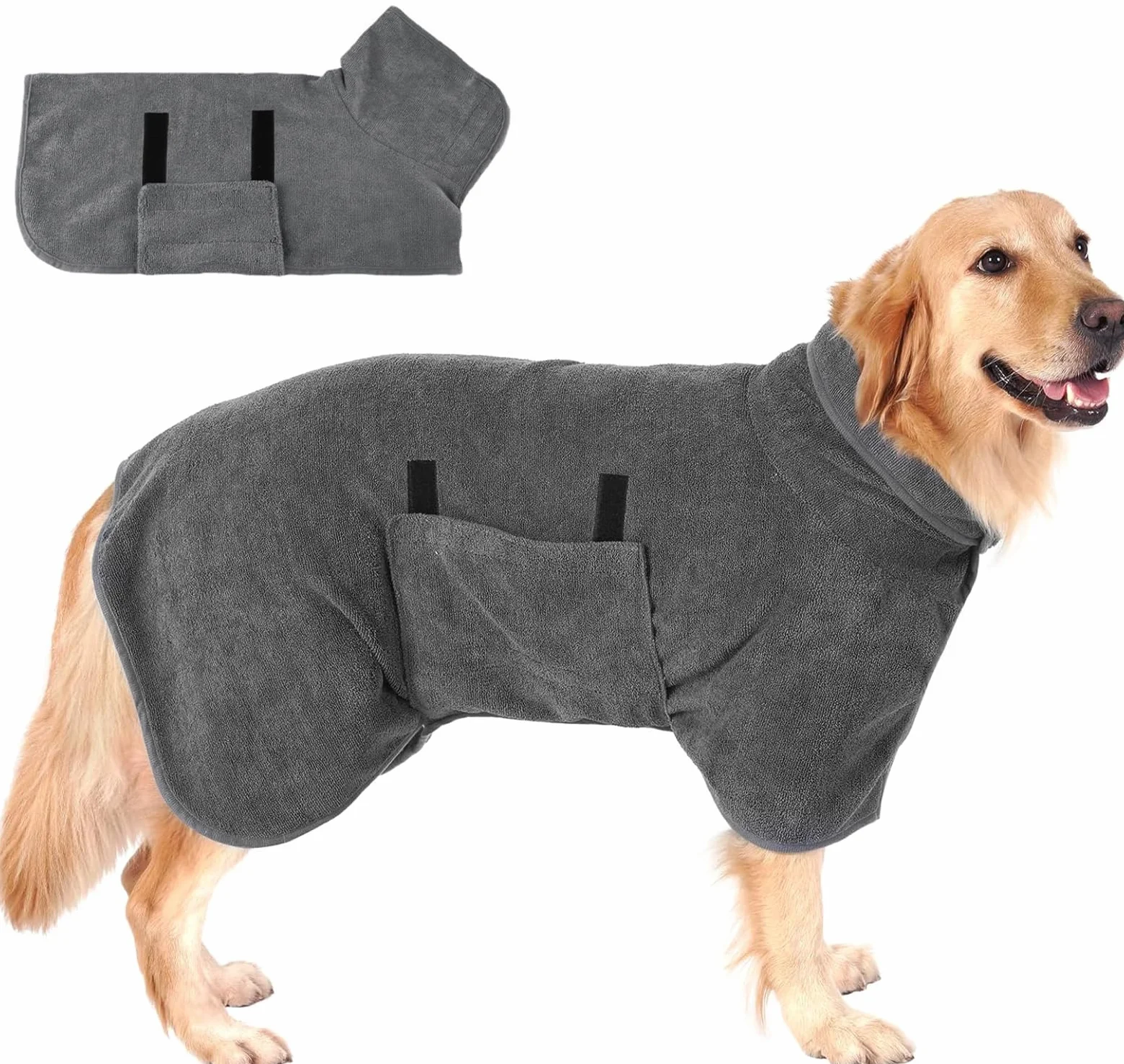 Accappatoio per Cani in Microfibra, Asciugamano Ad Asciugatura Rapida Con Ve-lcro, Super Assorbente, per Taglia Grande e Media (XL, Grigio)