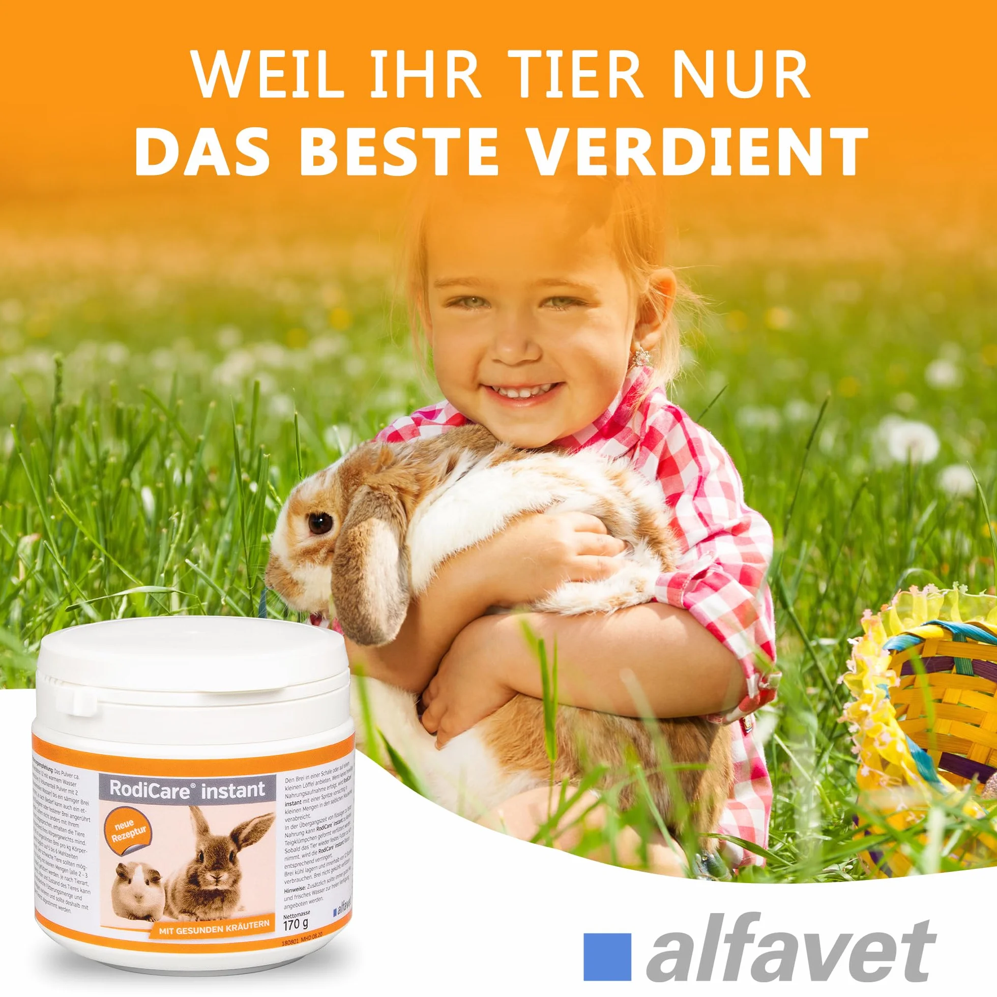 Alfavet RodiCare Instant (170 g) – Alimento completo in polvere per conigli, porcellini d’India e piccoli roditori – ricco di fibre, con erbe selezionate, con misurino