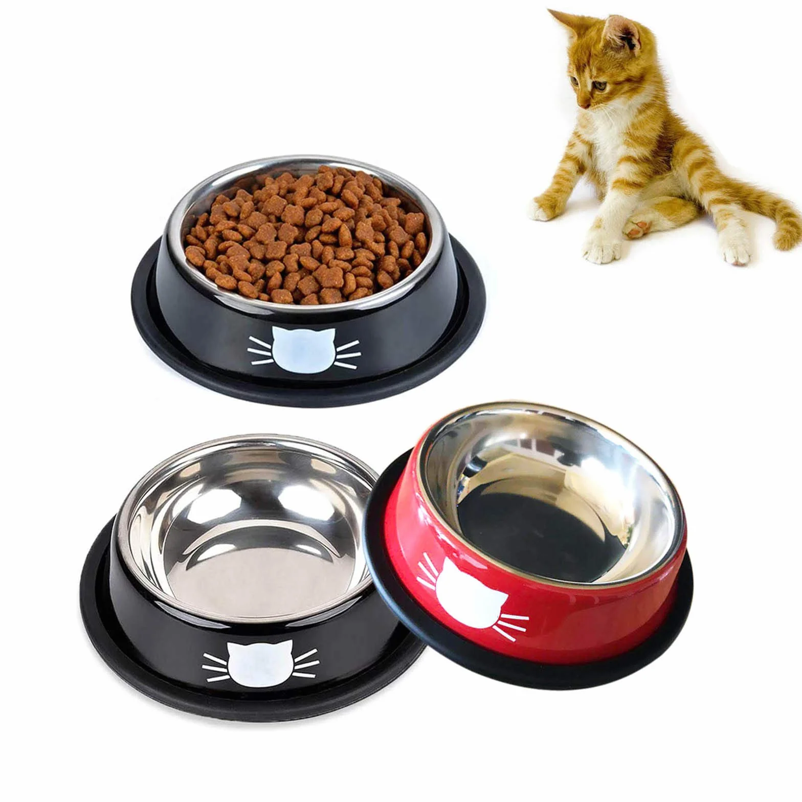 Ciotola antiscivolo in acciaio inox per gatti set da 3 multicolore nero rosso
