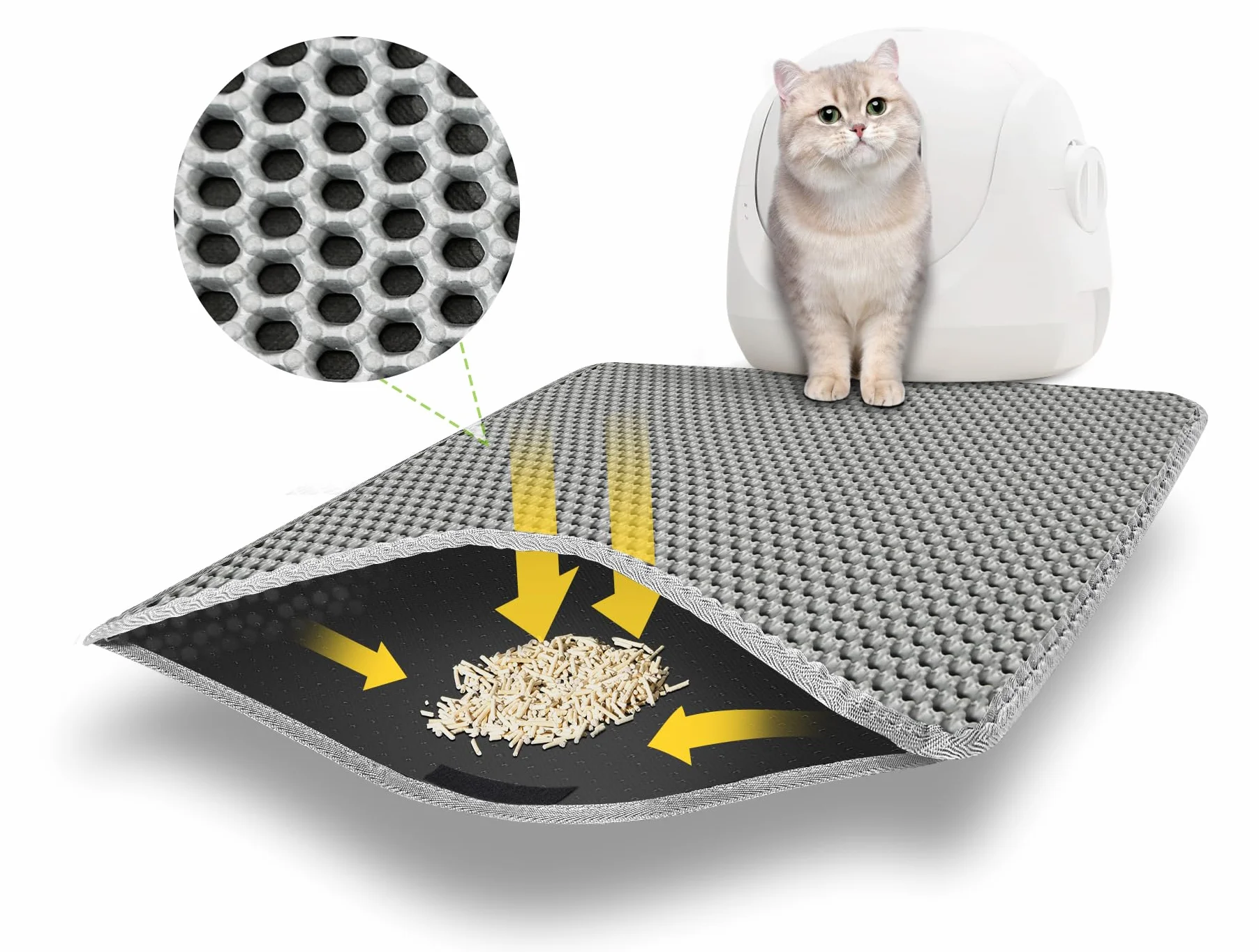 Tappetino Lettiera Gatto 60 x 45 cm, Tappeto Lettiera Gatto Design a Fori Larghi, Doppio Strato Impermeabile Tappetino per Lettiera Gatto, Non Tossico Tappetino Gatto Lettiera Grigio