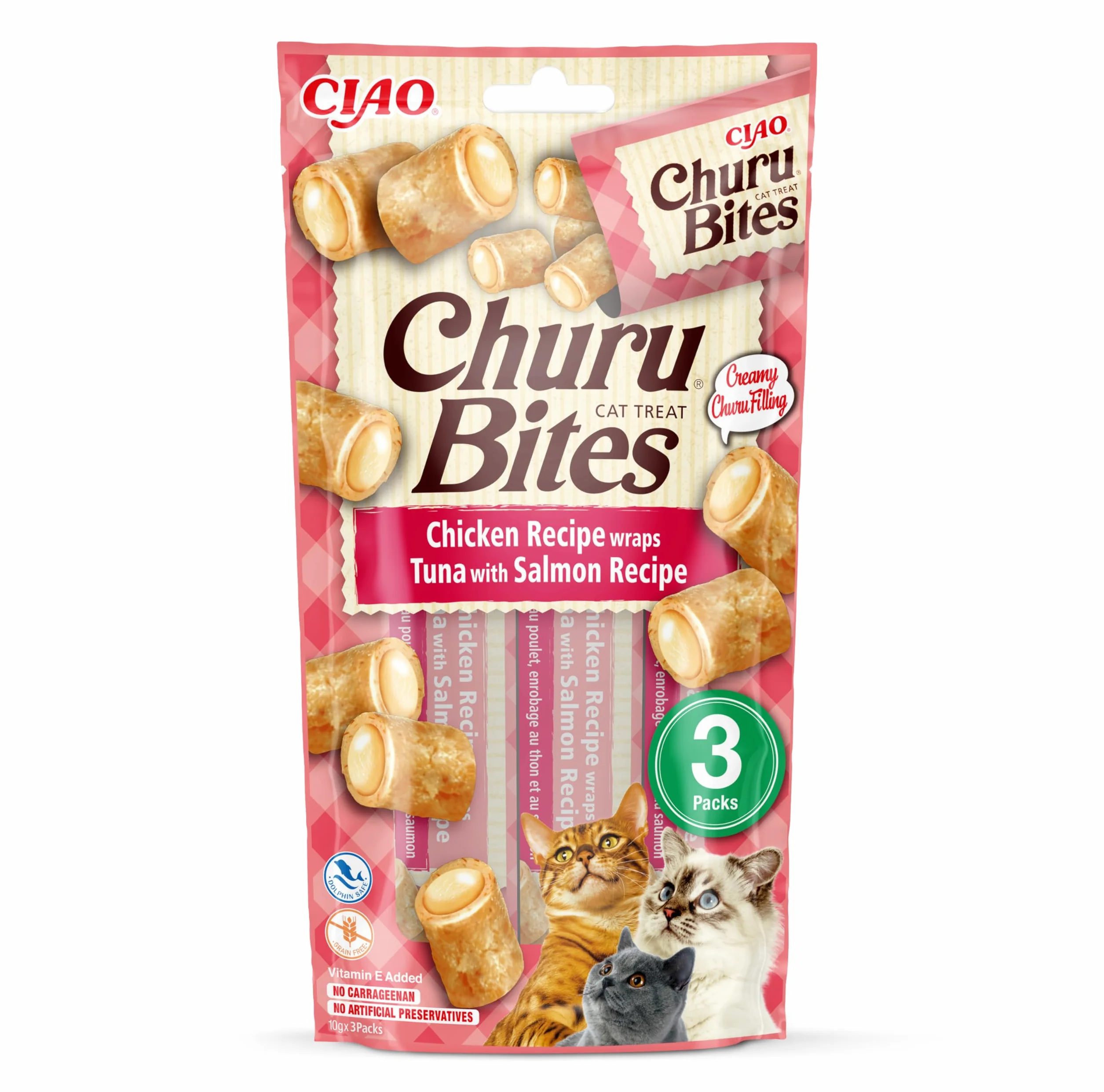 INABA Churu Bites Bocconcini di Pollo con Cuore di Tonno e Salmone Snack per Gatti Morbido e Cremoso, Grain-Free, 1 Pack (30g)