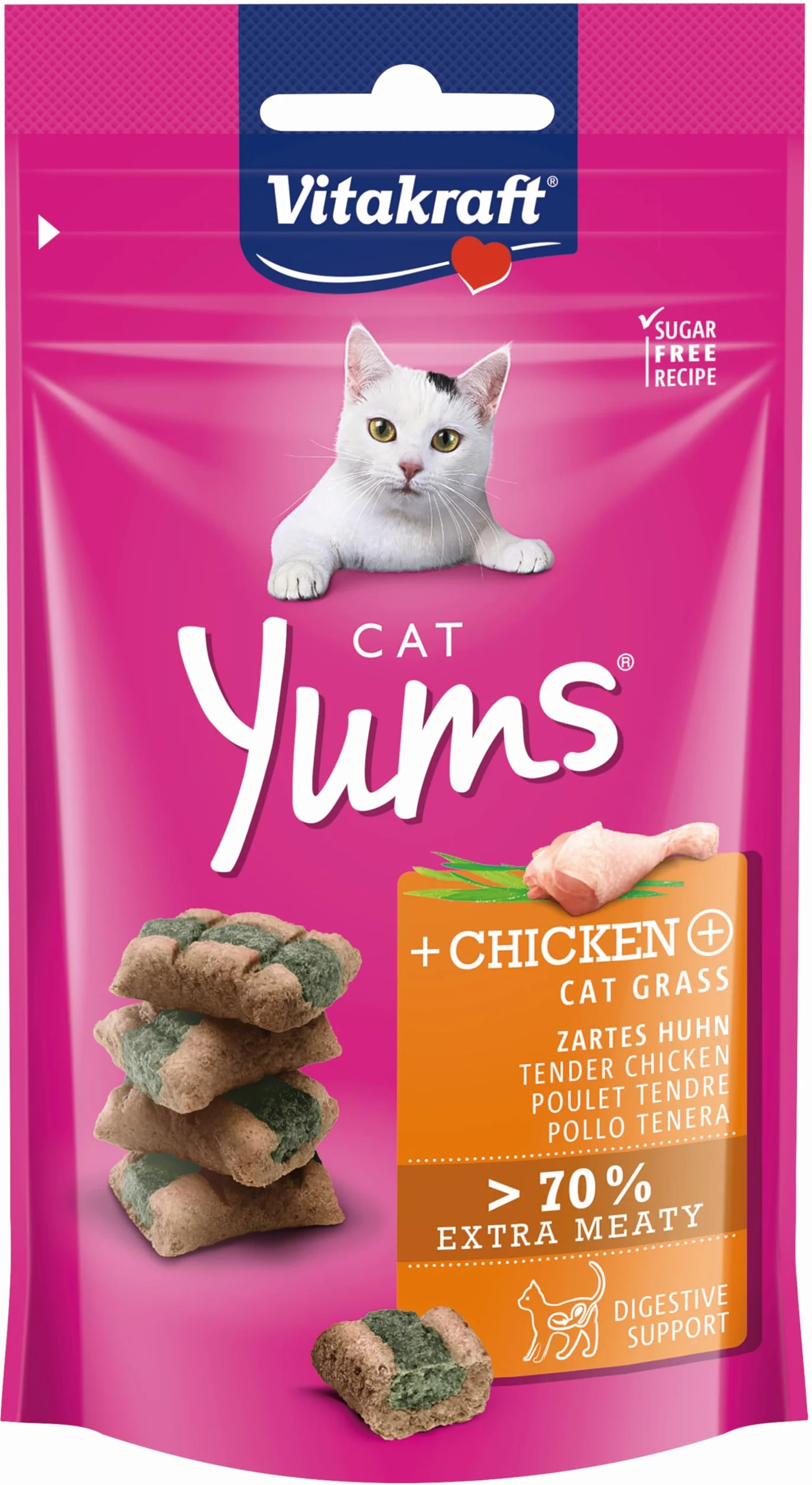 Vitakraft Cat Yums, snack gatto, morbido snack gatto ripieno con pollo ed erba gatta, in bustina richiudibile, senza zuccheri aggiunti (1x 40g)